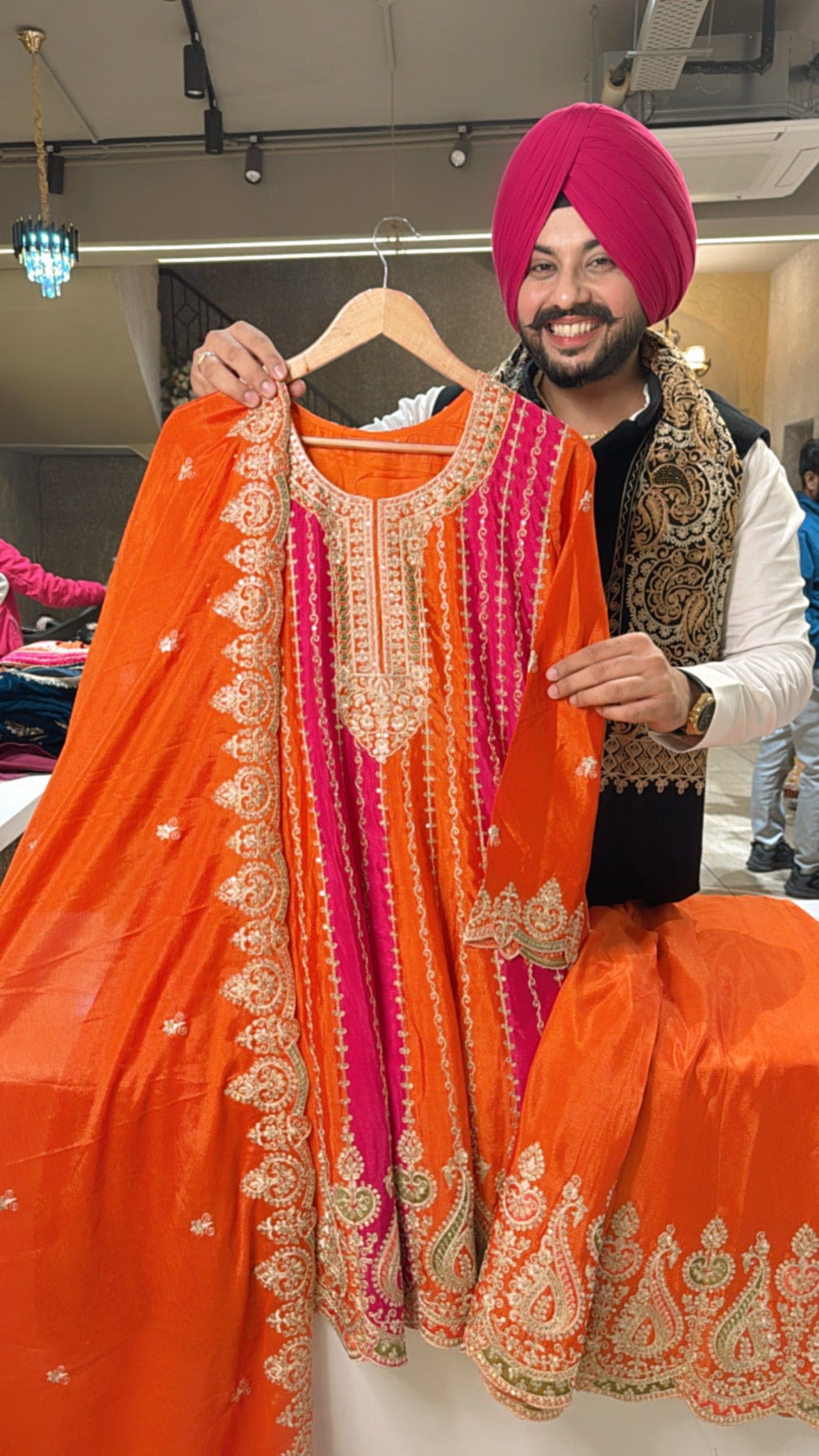 Orange & pink Chinon Heavy embroidered Paplum Sharara Suit with Beautiful Duppata