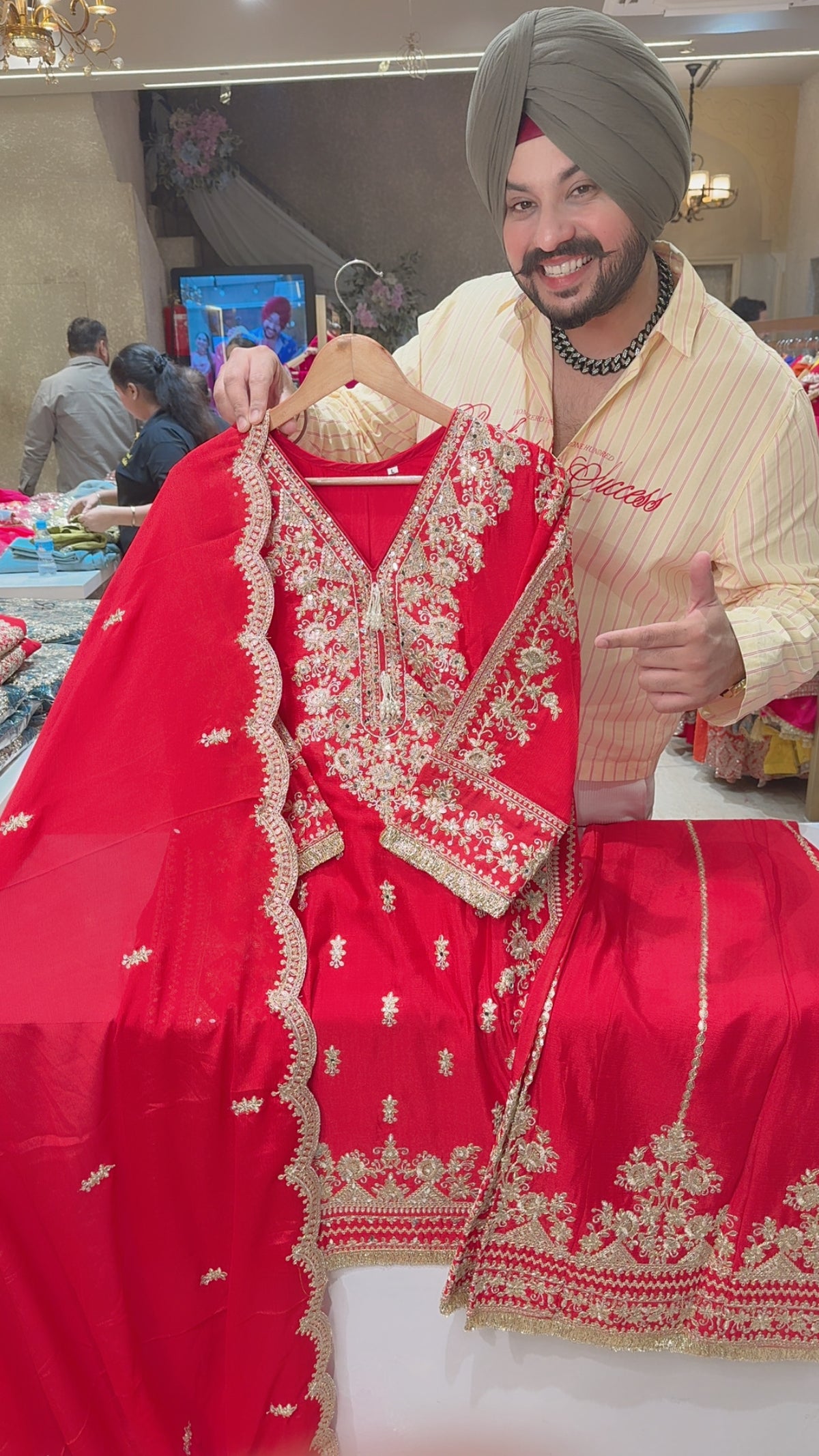Tomato Red Chinon Fully embroidered & Mirror Pasting Full Flair Sharara Suit