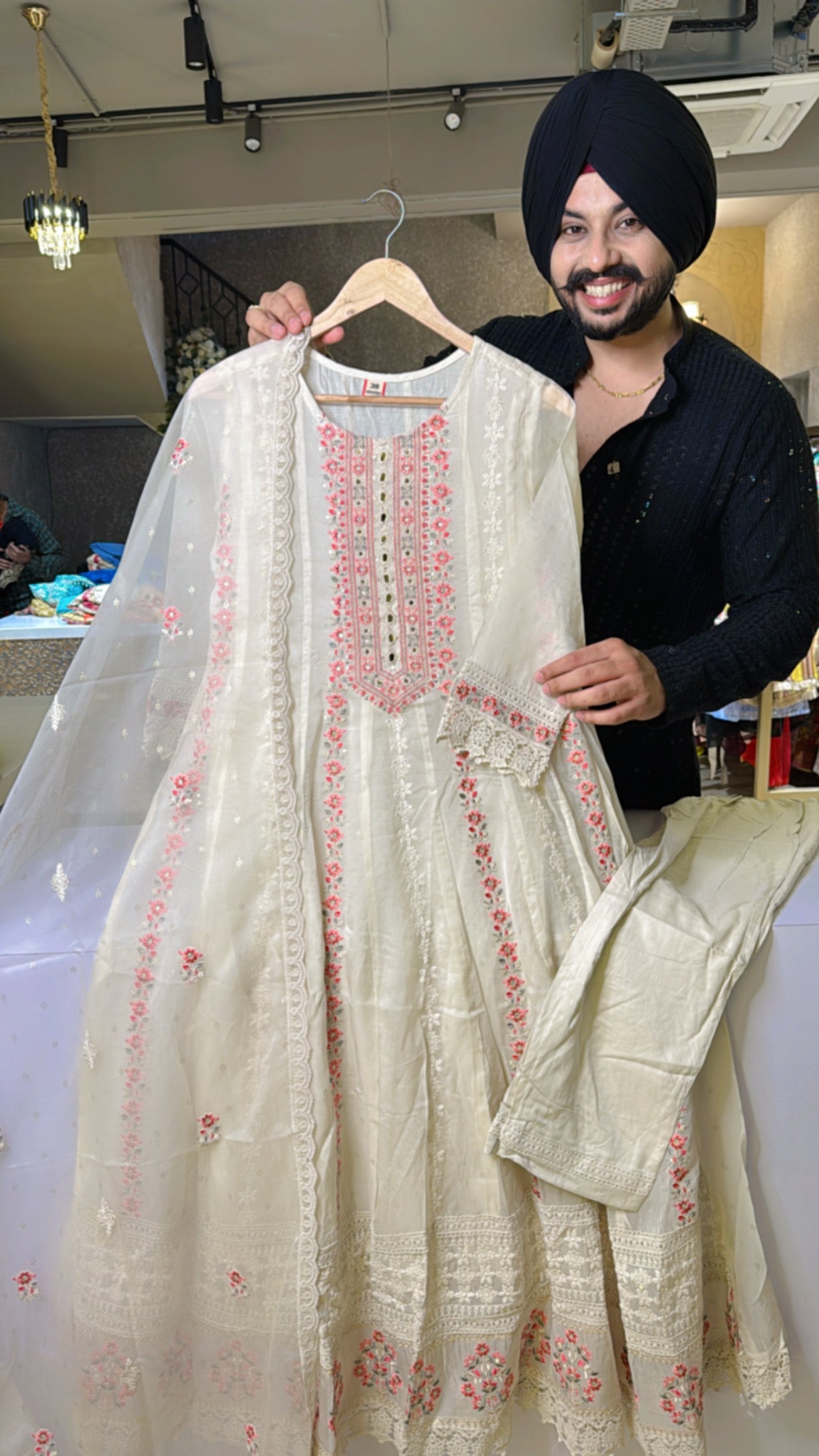 Cream Soft Organza Pakistani Anarkali Suit with Beautiful Embroidery Work on Anarkali & Duppata