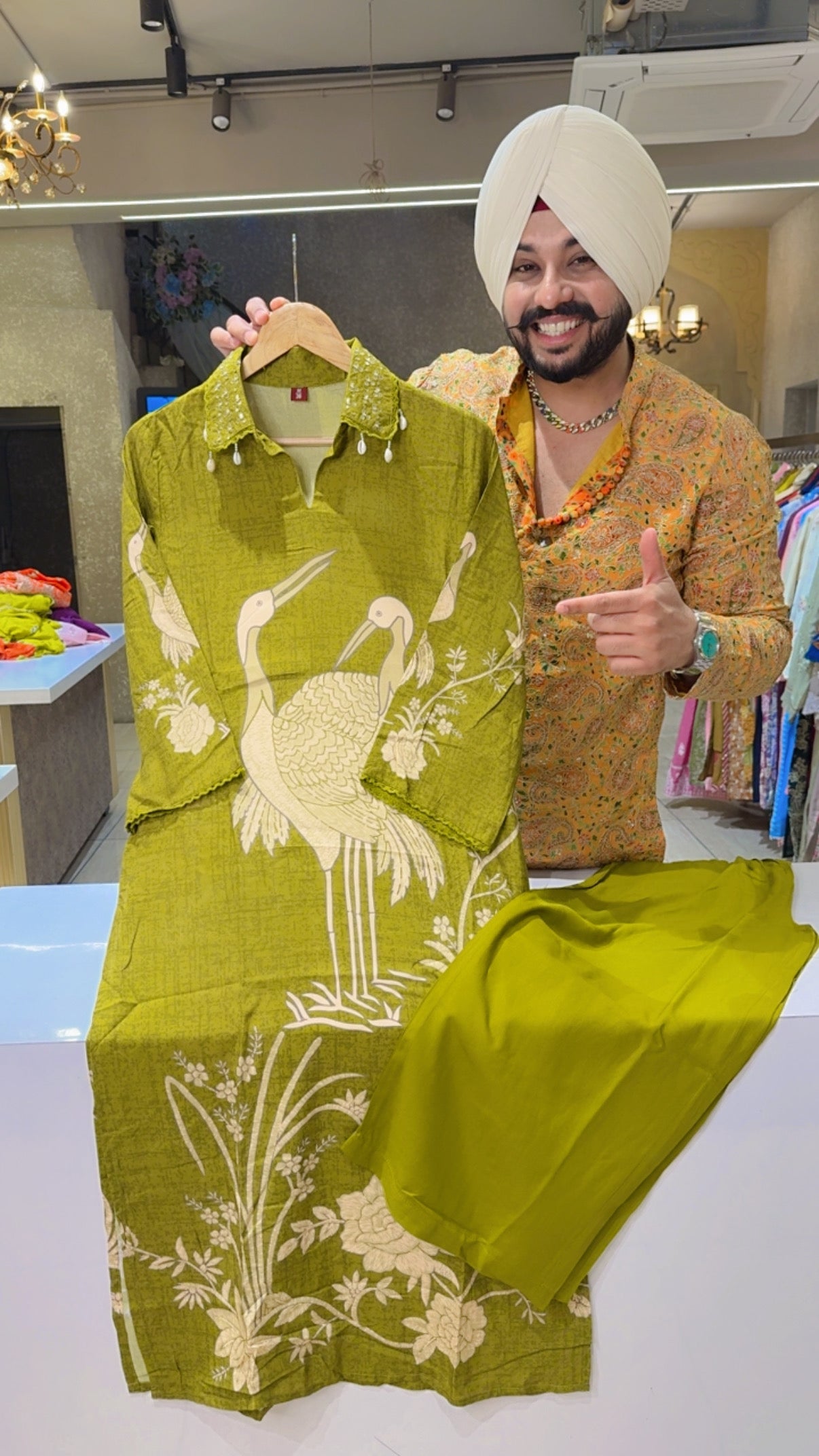 Light Mehendi Rayon Flamingo Print Long Length Coord set with Sleek Hand embroidery work On Collar