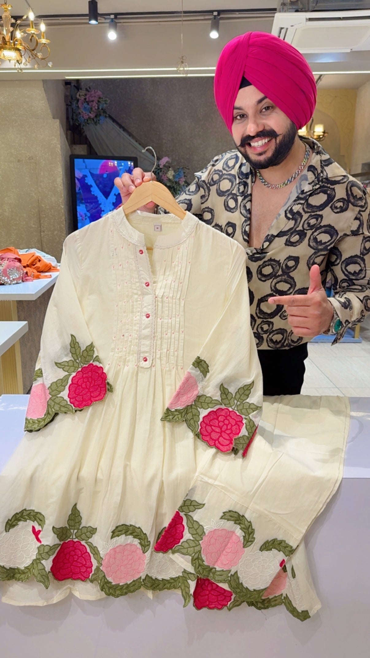 Off White Mal Cotton Flower Embroidered Semiformal Coord Set with Embroidered Pants