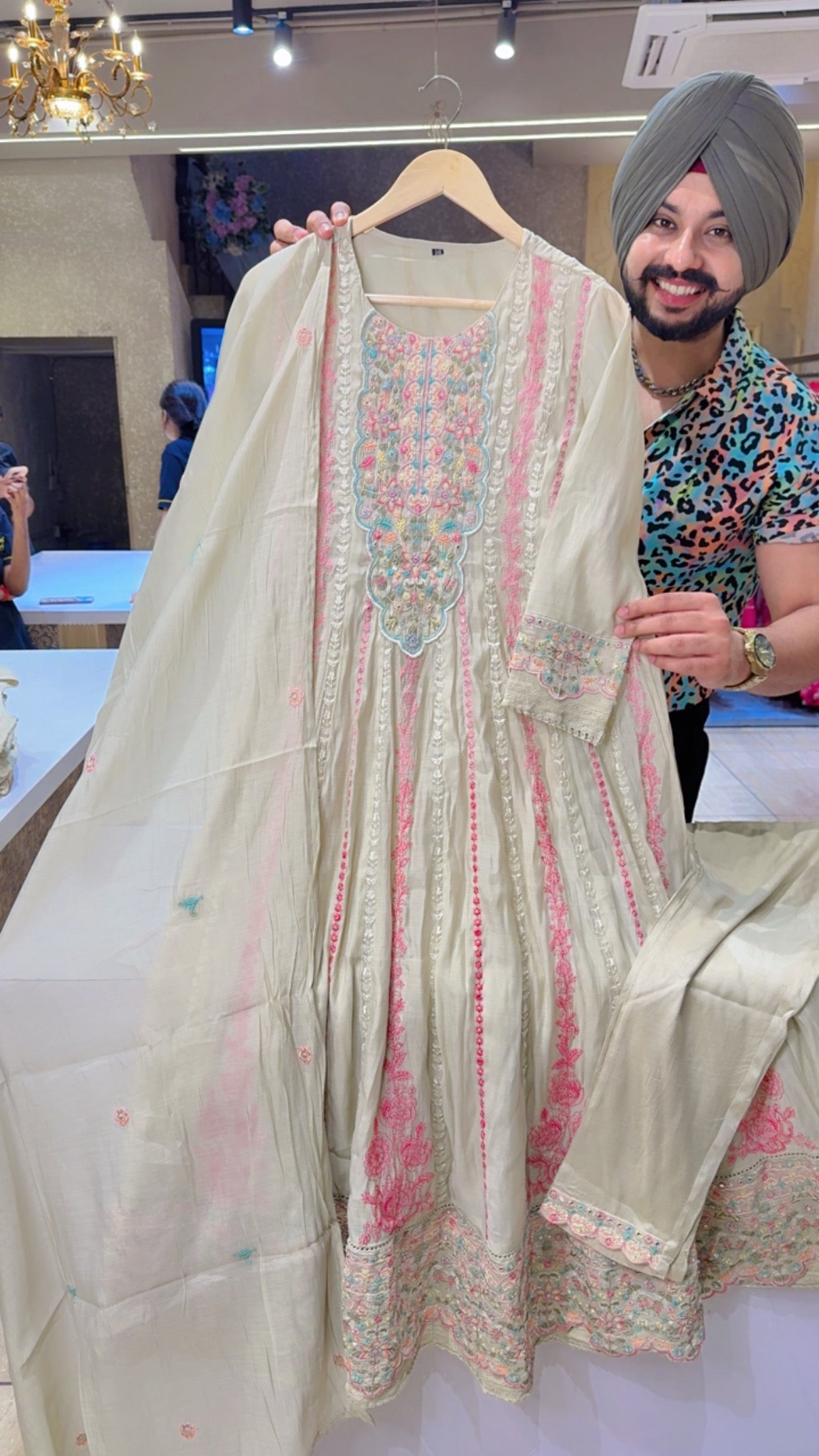 Nude Beige Mal Chanderi Full Flair Fully embroidered Anarkali Suit with Beautiful Duppata
