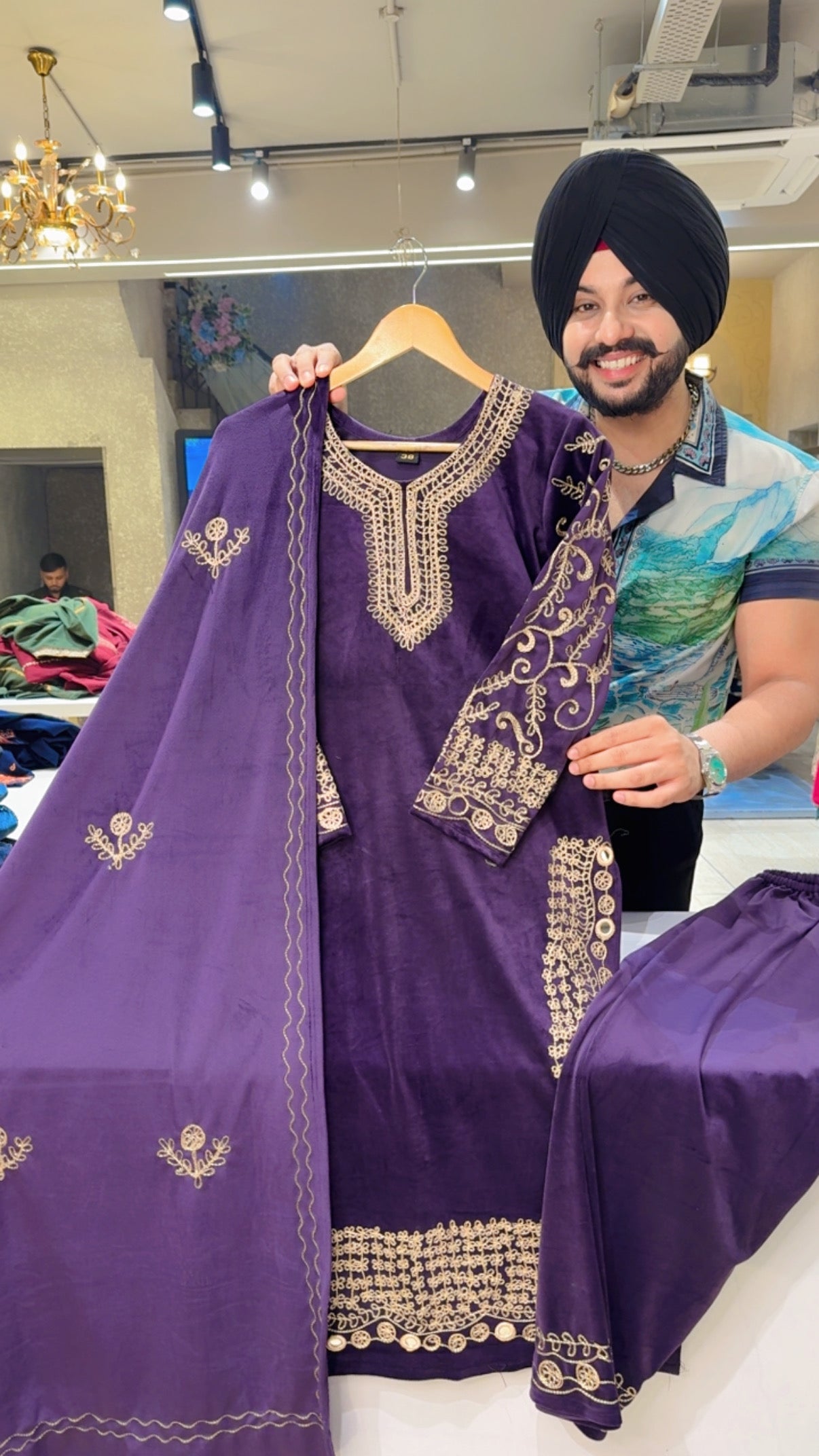Purple Matt Velvet Strechable office Wear Embroidered Straight Suit with Embroidered Duppata