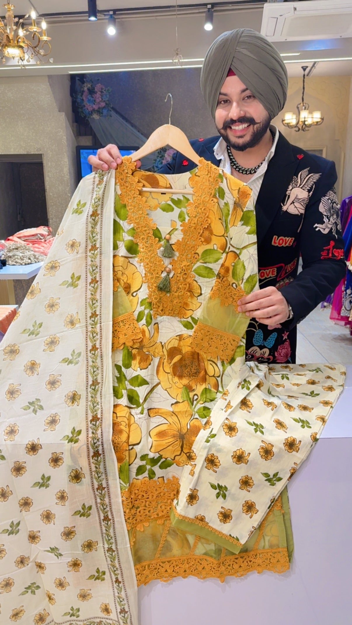 Cream & Mustard Yellow Crochet Lace Kashmiri Cotton Suit with Beautiful Duppata