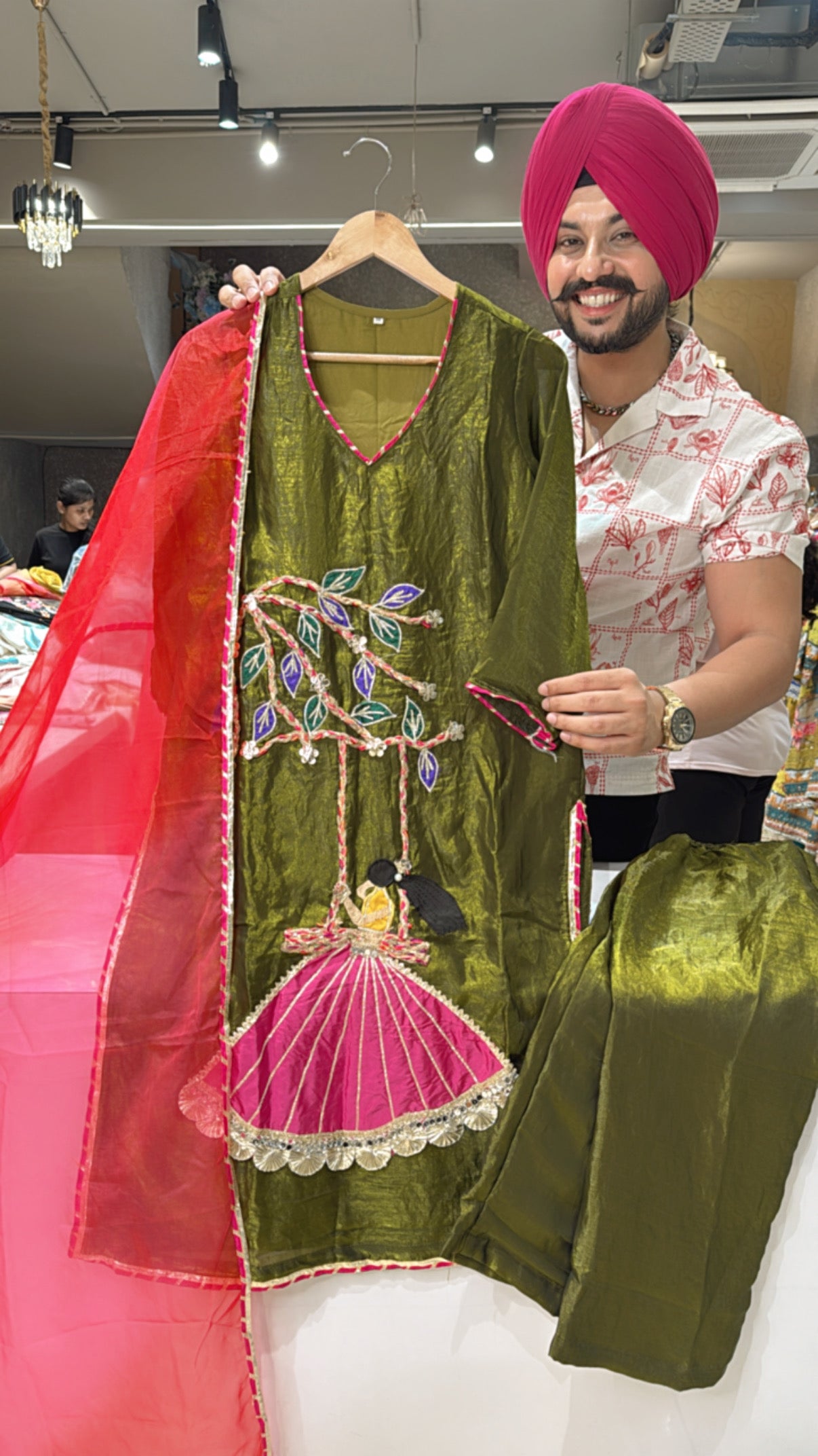 Dark Mehendi Gloss Tissue Doll Hand embroidered Straight Suit with Beautiful Organza Duppata