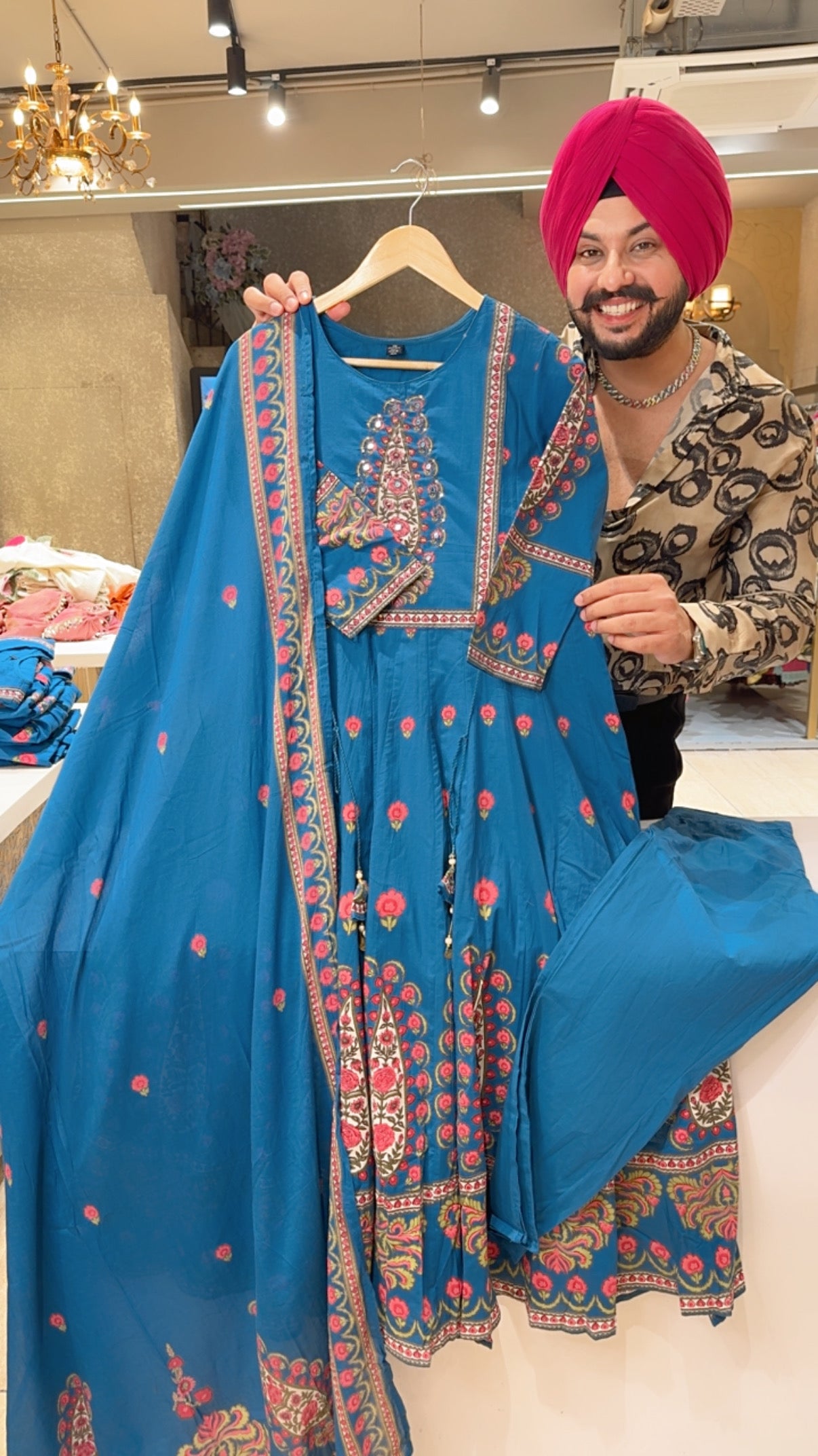 Teel Blue Soft Cotton Full Flair Floral Print Anarkali Suit with Sleek Hand embroidery work on neck