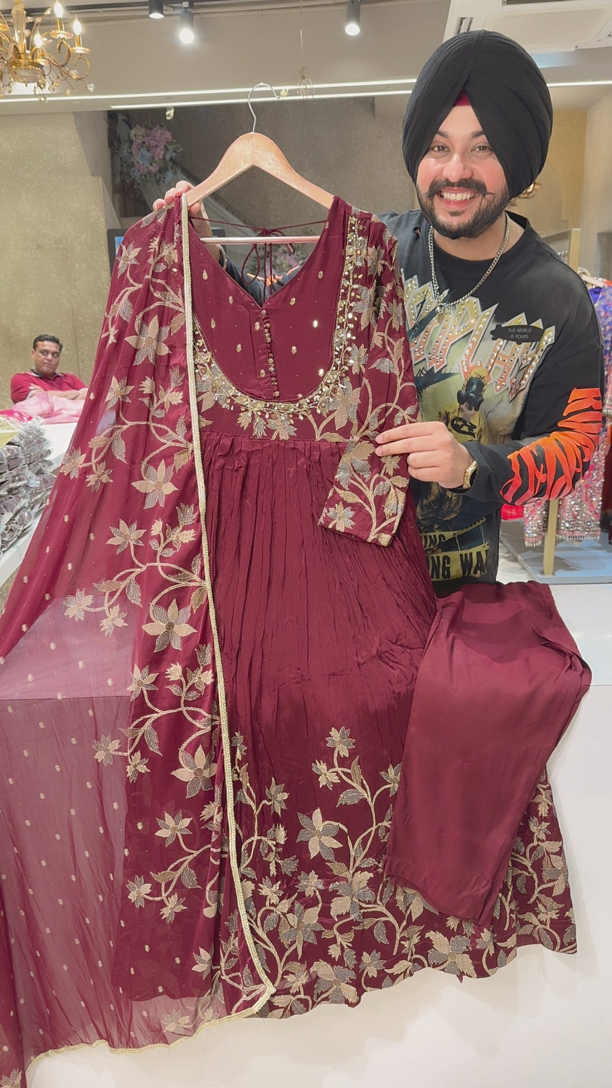 Deep Maroon Chinon Block Printed Party Wear Anarkali Suit with Hand embroidery work on Neck