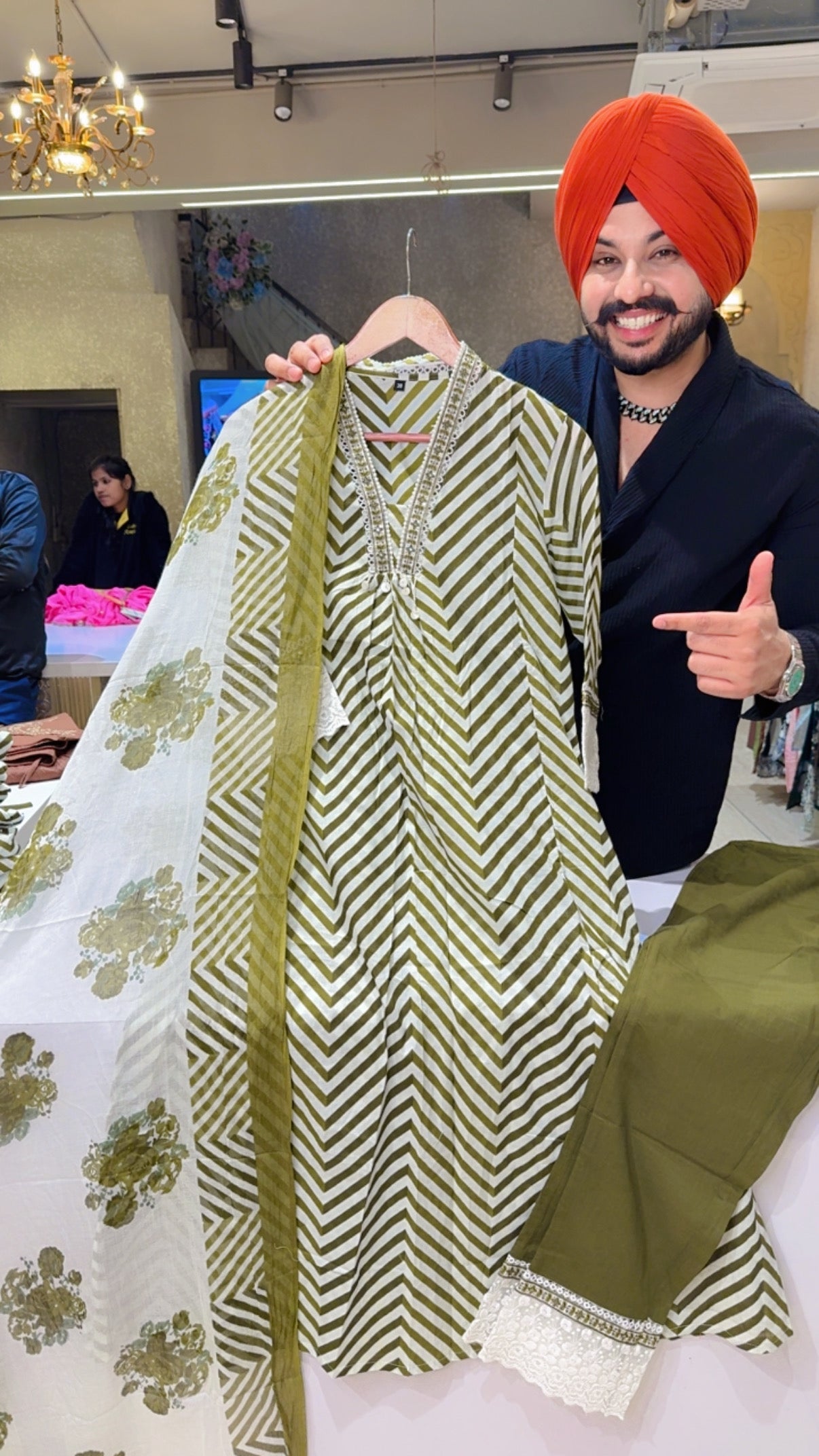 Moon White & Mehendi Pure Cotton A-line Office Wear Suit with Sleek Embroidery work on neck