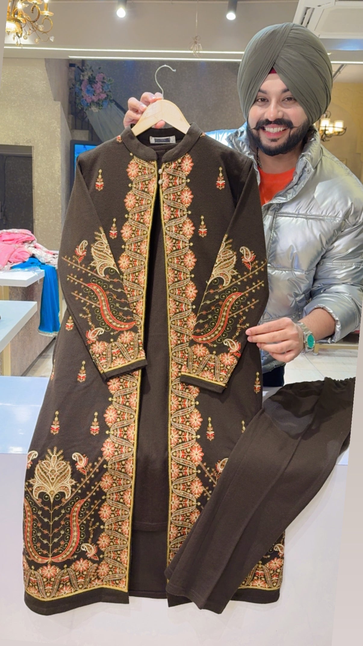 Dark Brown Woolen Long length Coord set With Heavy Kashmiri Embroidered Shrug