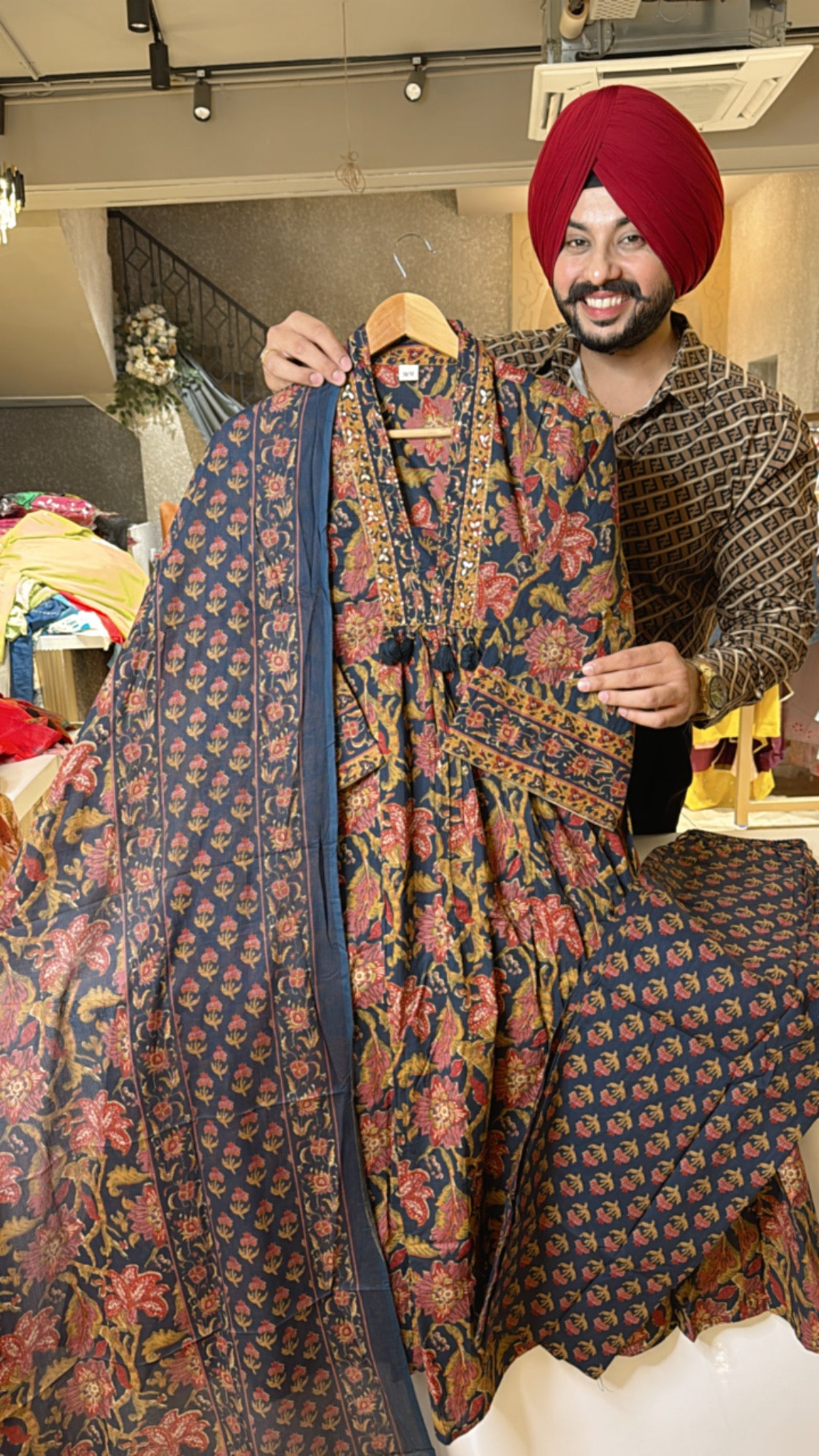 Blue Pure Cotton Office Wear Front Gattering A-line Suit