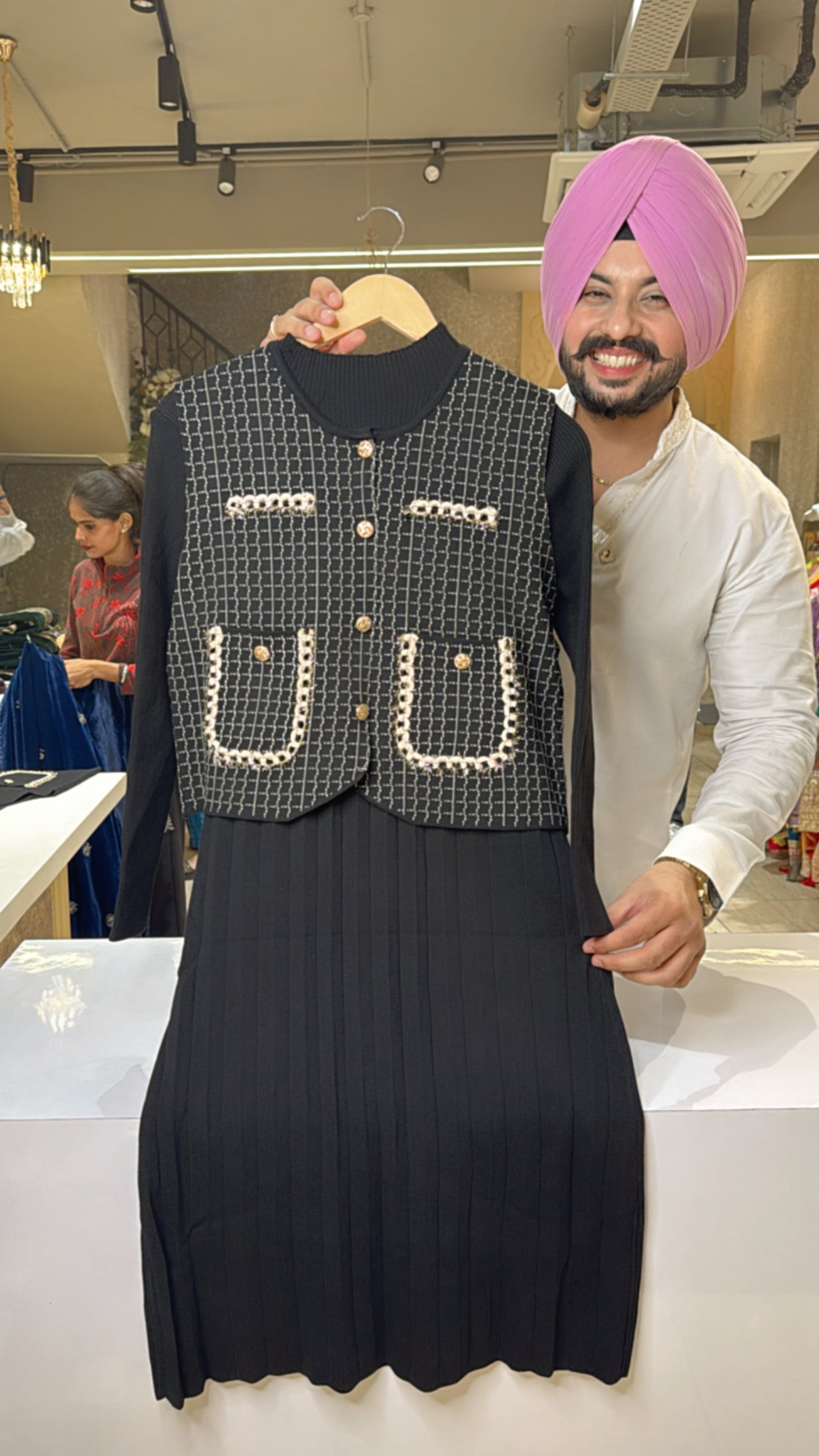 Black Imported woolen knee length Dress with embroidered check woolen jacket