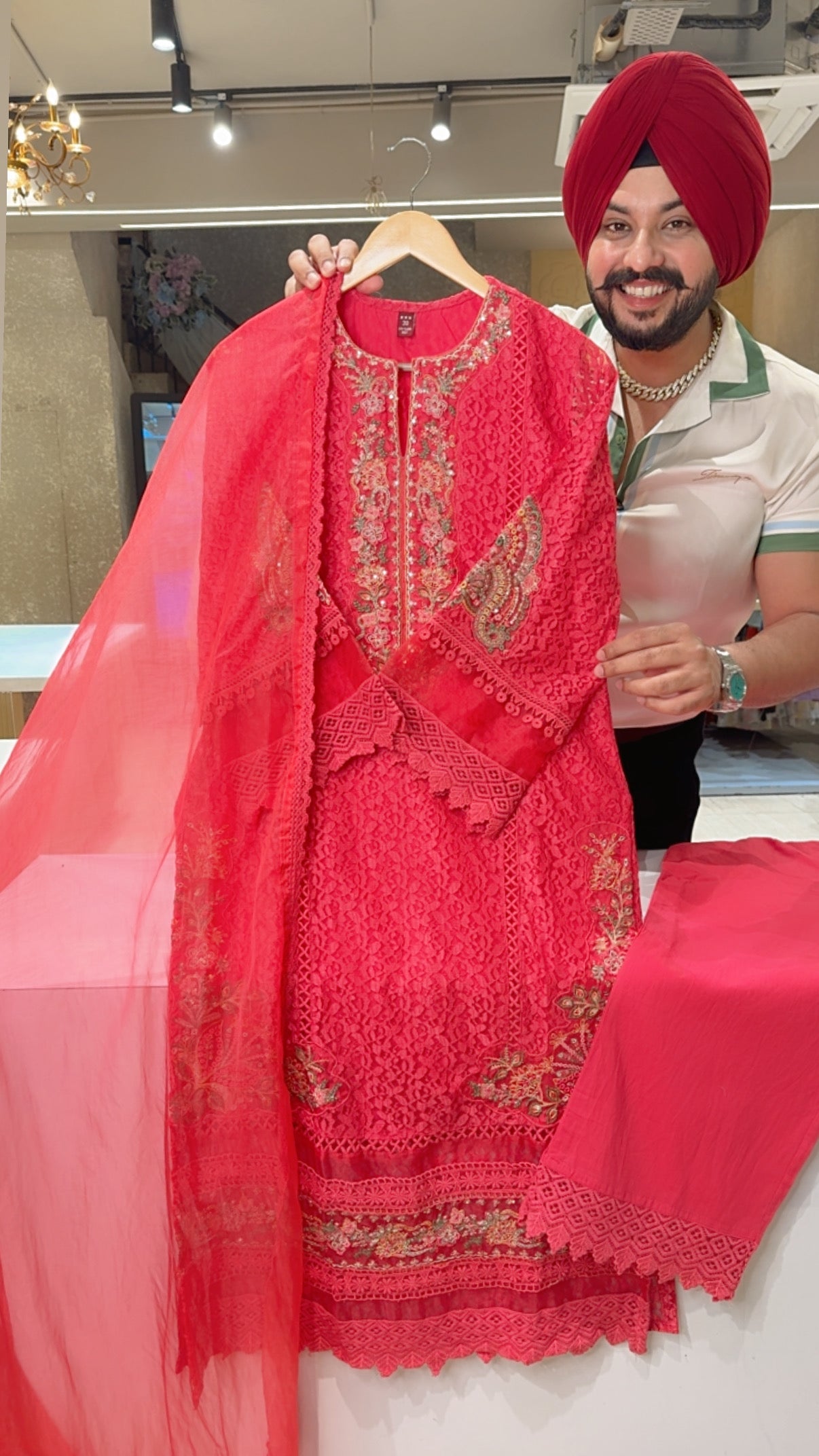 Gajri Designer Net & Crochet Lace Heavy embroidered Pakistani Suit with Organza Duppata