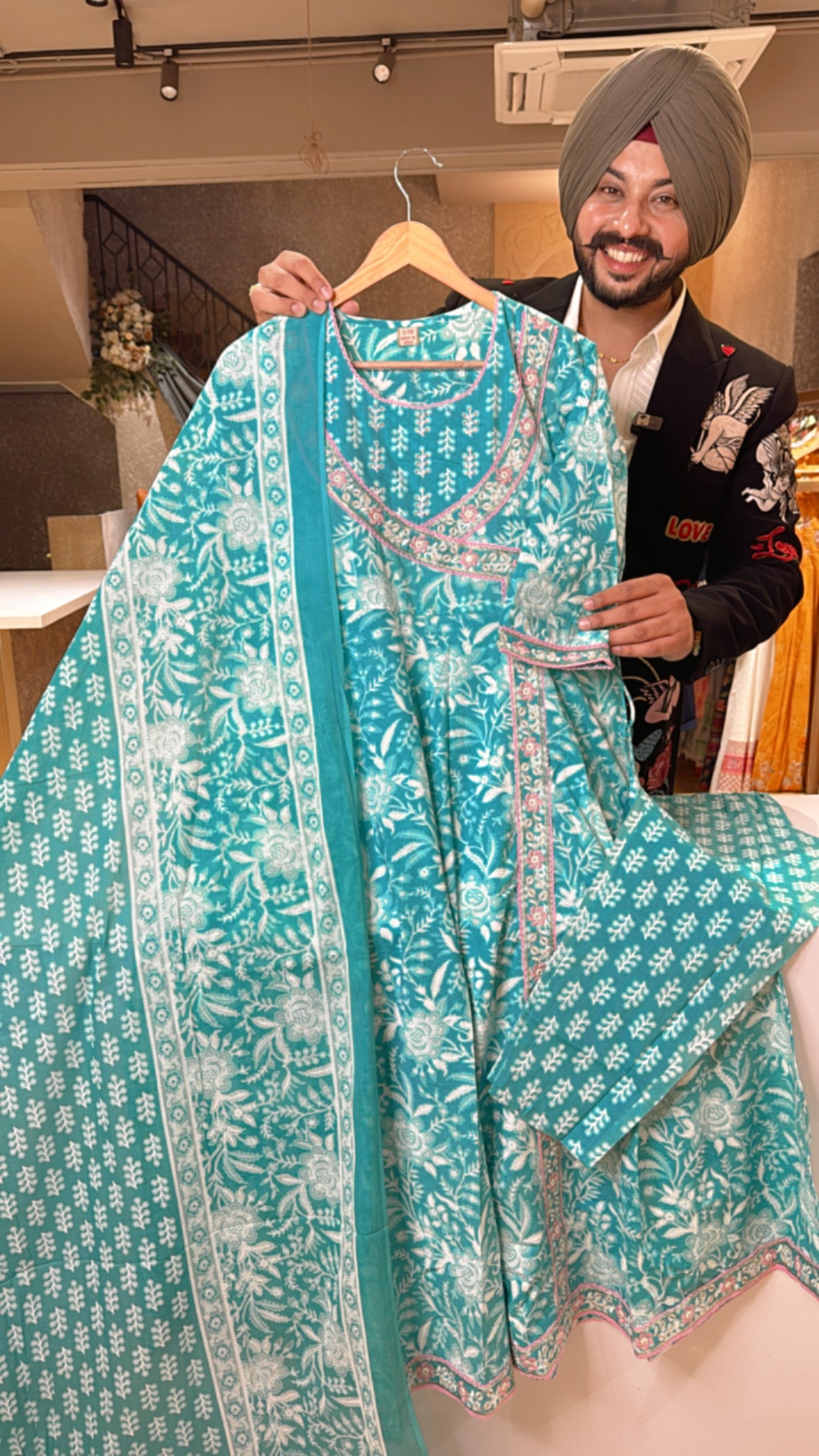 Sea blue Pure Cotton  Embroidered Angrakha Full Flair Anarkali suit with Beautiful Dupatta