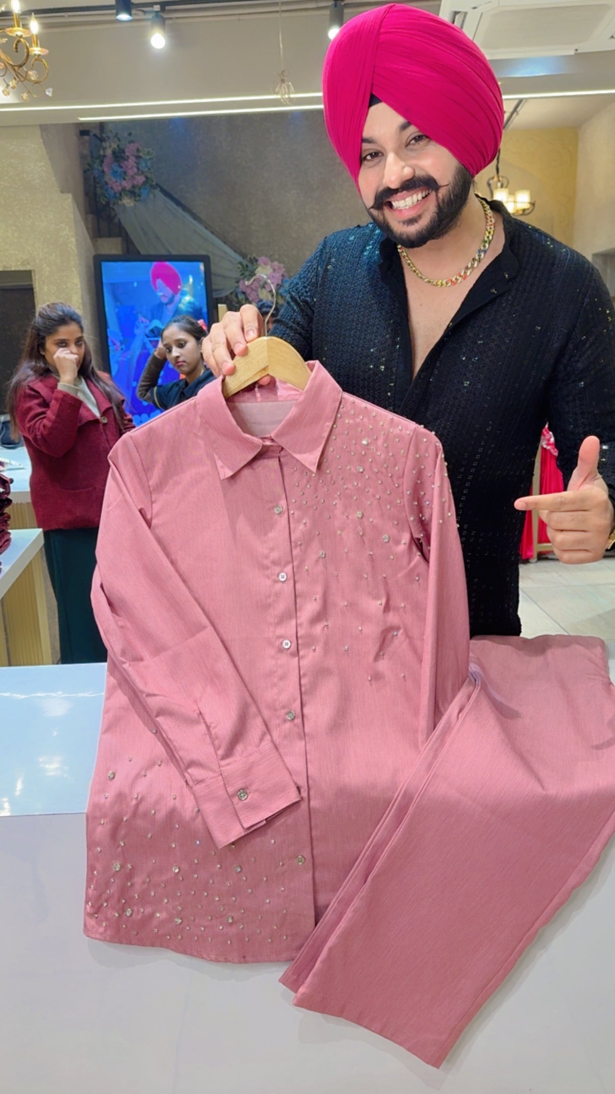 Pastel Pink Soft denim Coord set with Beautiful Stone Work on it