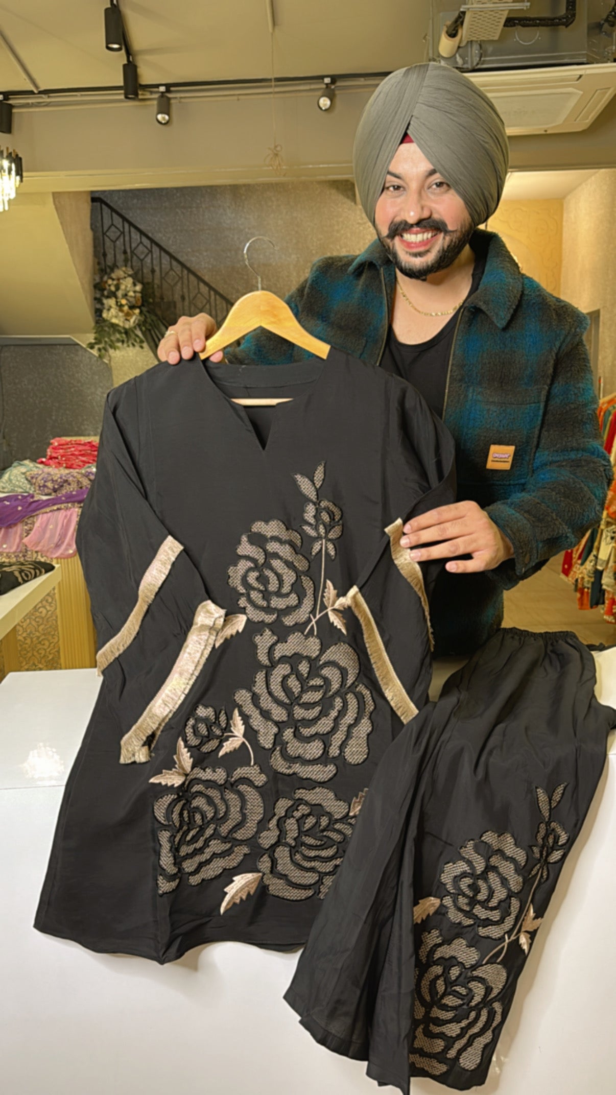 Black Roman Silk Pakistani Coord set with Beautiful Embroidery Work on it