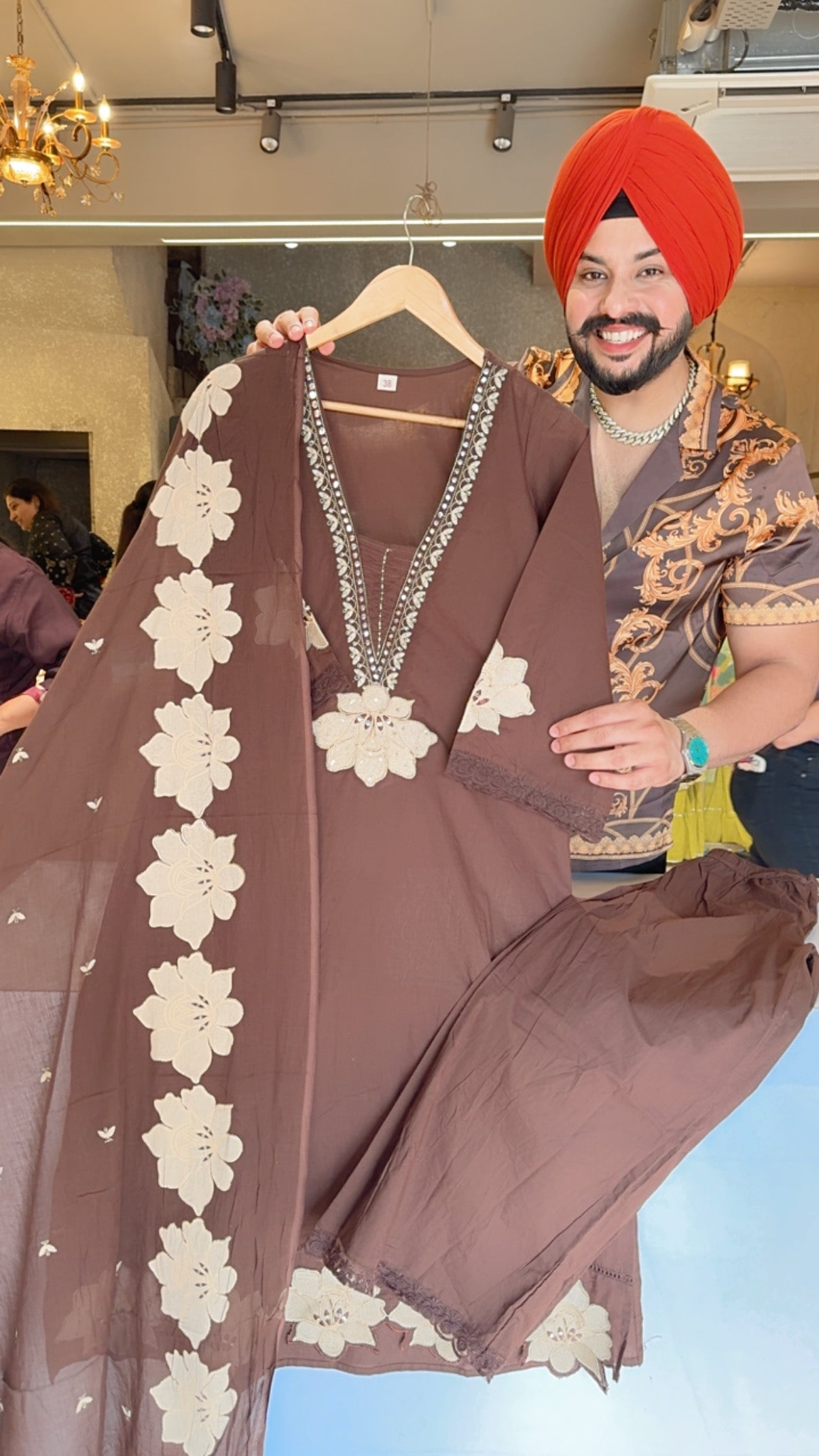 Chocolate Brown Pure Cotton Designer neck Floral Embroidered Straight Suit with hand painted Duppata