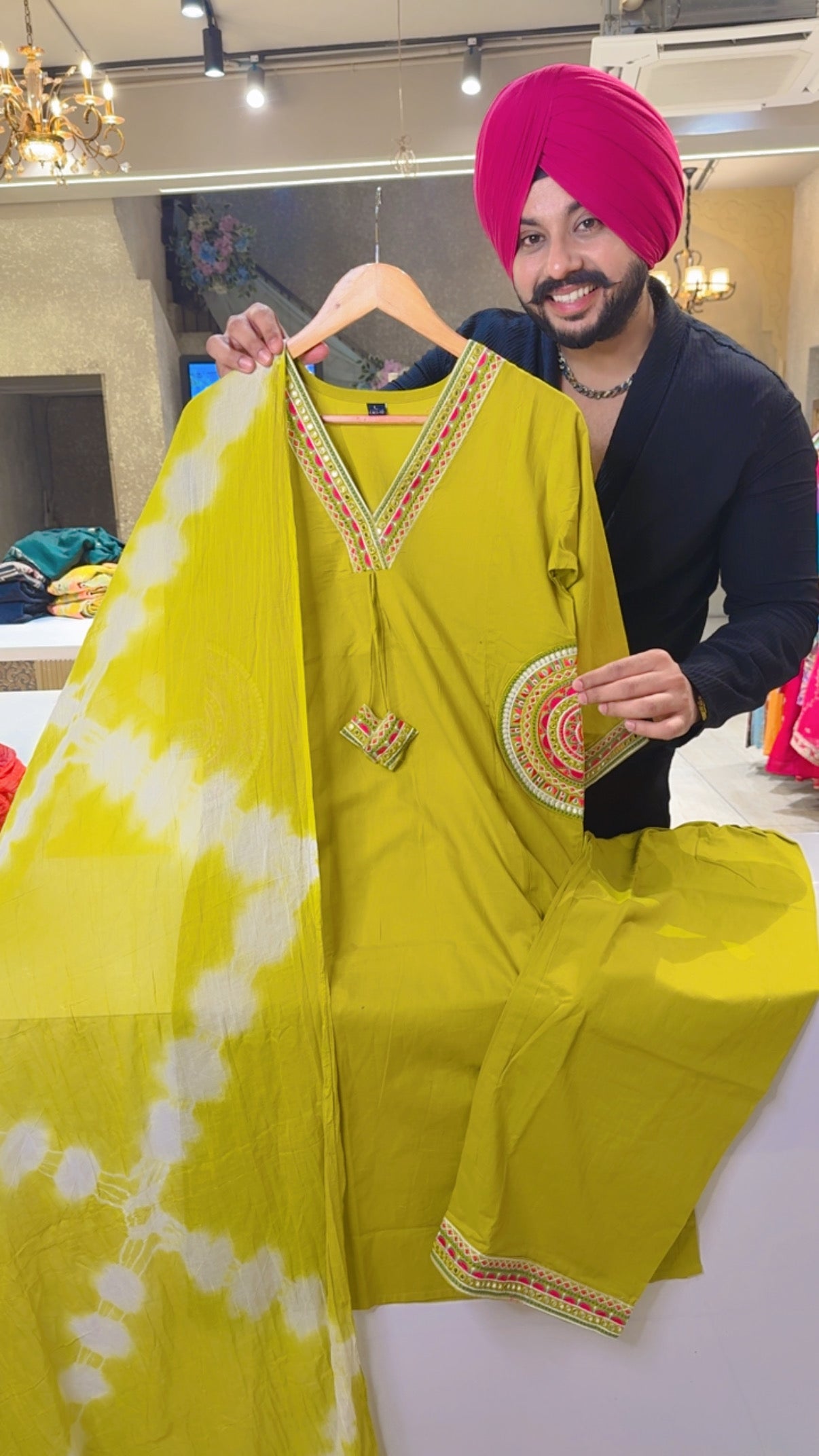 Light Fluorescent Green Pure Cotton Semi formal Straight Suit with Beautiful Embroidery Work on neck & Pockets