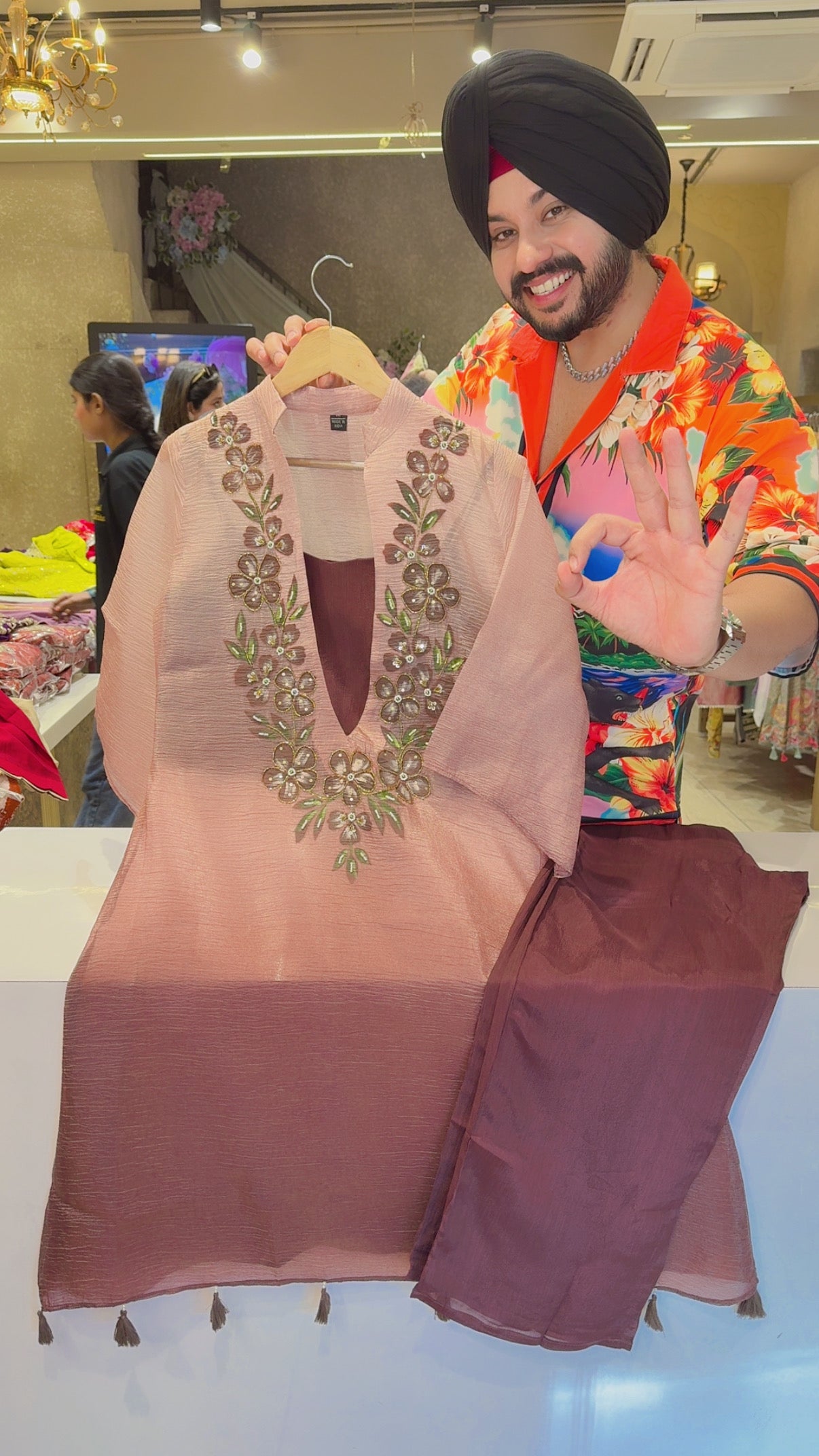 Onion & Winish Brown Crush Tissue Hand embroidered Long Length Coord set with Padded Bustier