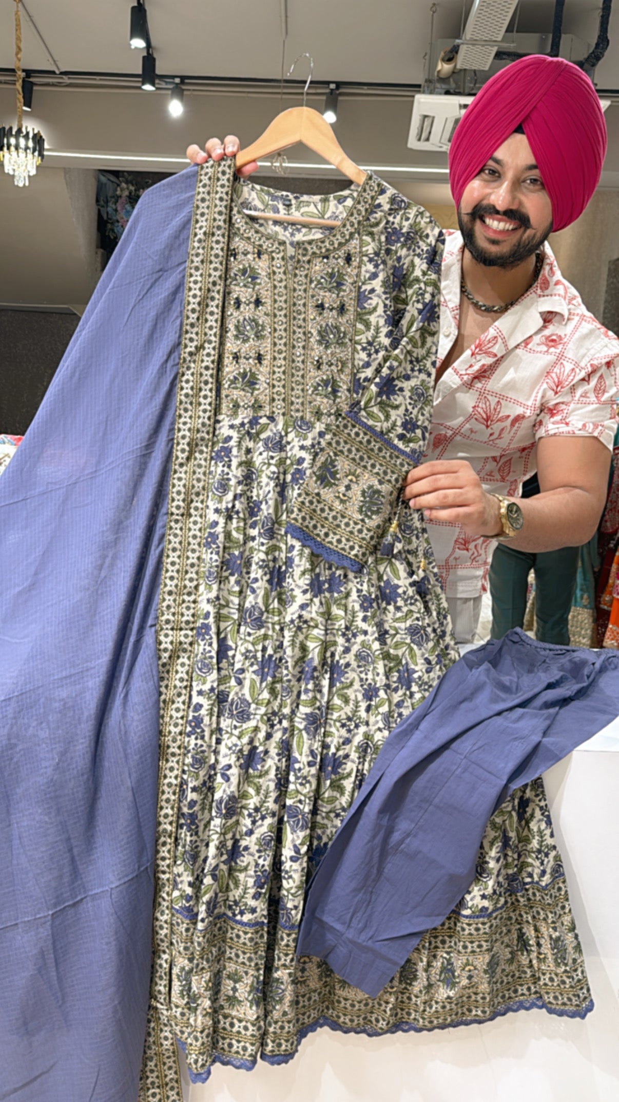 Beige & Light Purple Pure Cotton Full Flair Anarkali Suit with Hand embroidery work on neck & Kota Doria Duppata