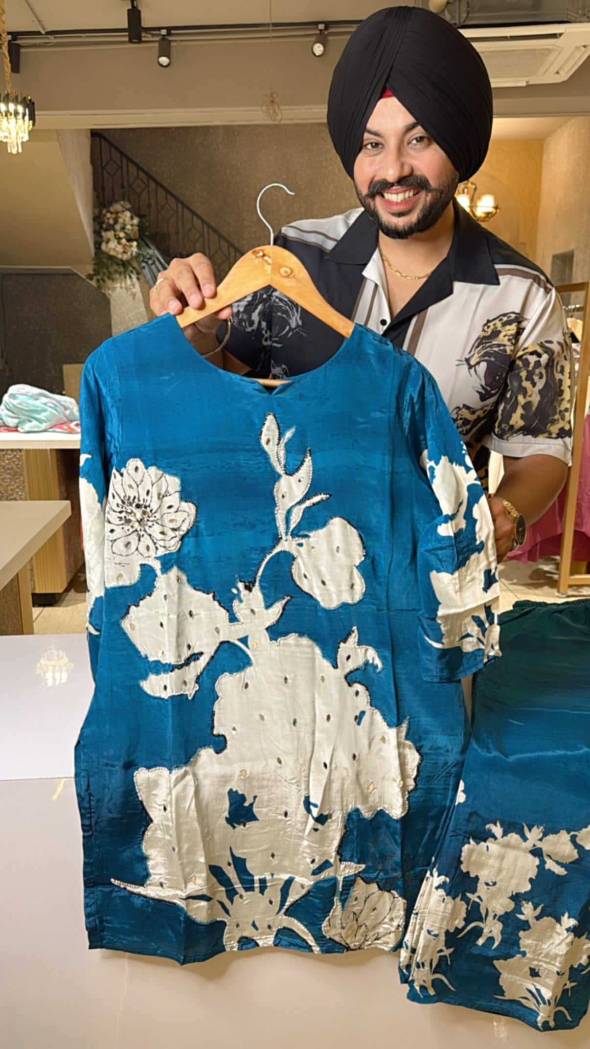Vibrant blue Crepe Coord set with Beautiful Hand work on it