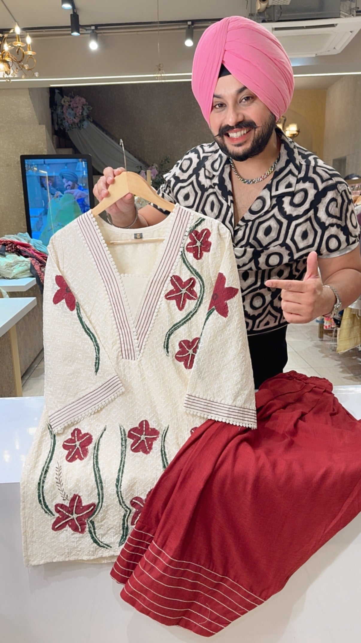 Off white & Maroon Hand embroidered & hand painted Self sequins Party Wear Farshi Salwar Coord set