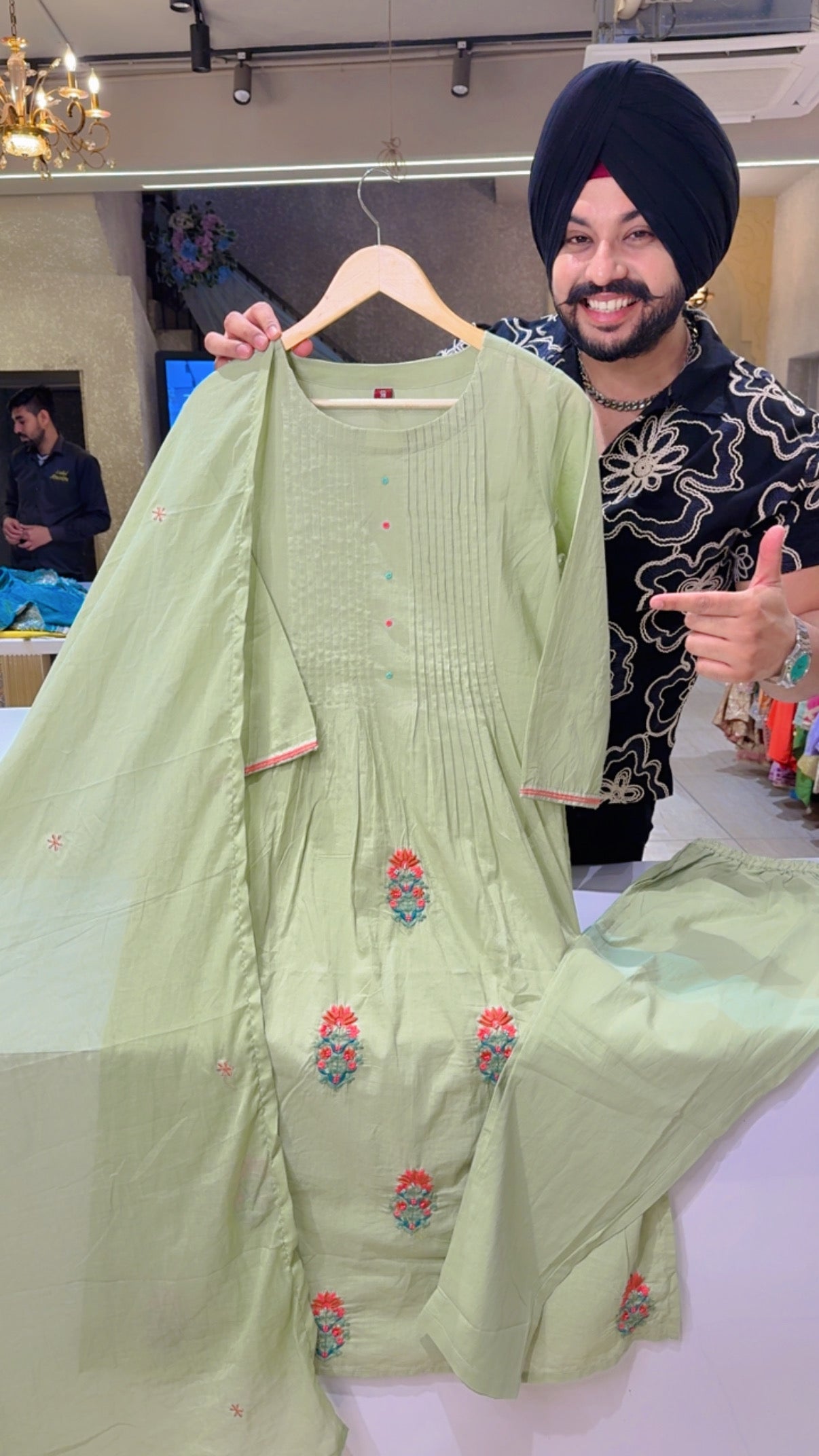 Pastel Green soft Cotton Hand embroidered SemiFormal Straight Suit