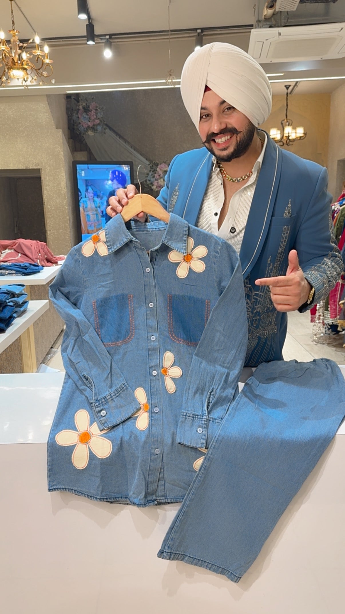 Light Blue Soft Denim Designer Flower Patchwork Collar Neck Coord set with Denim Pants