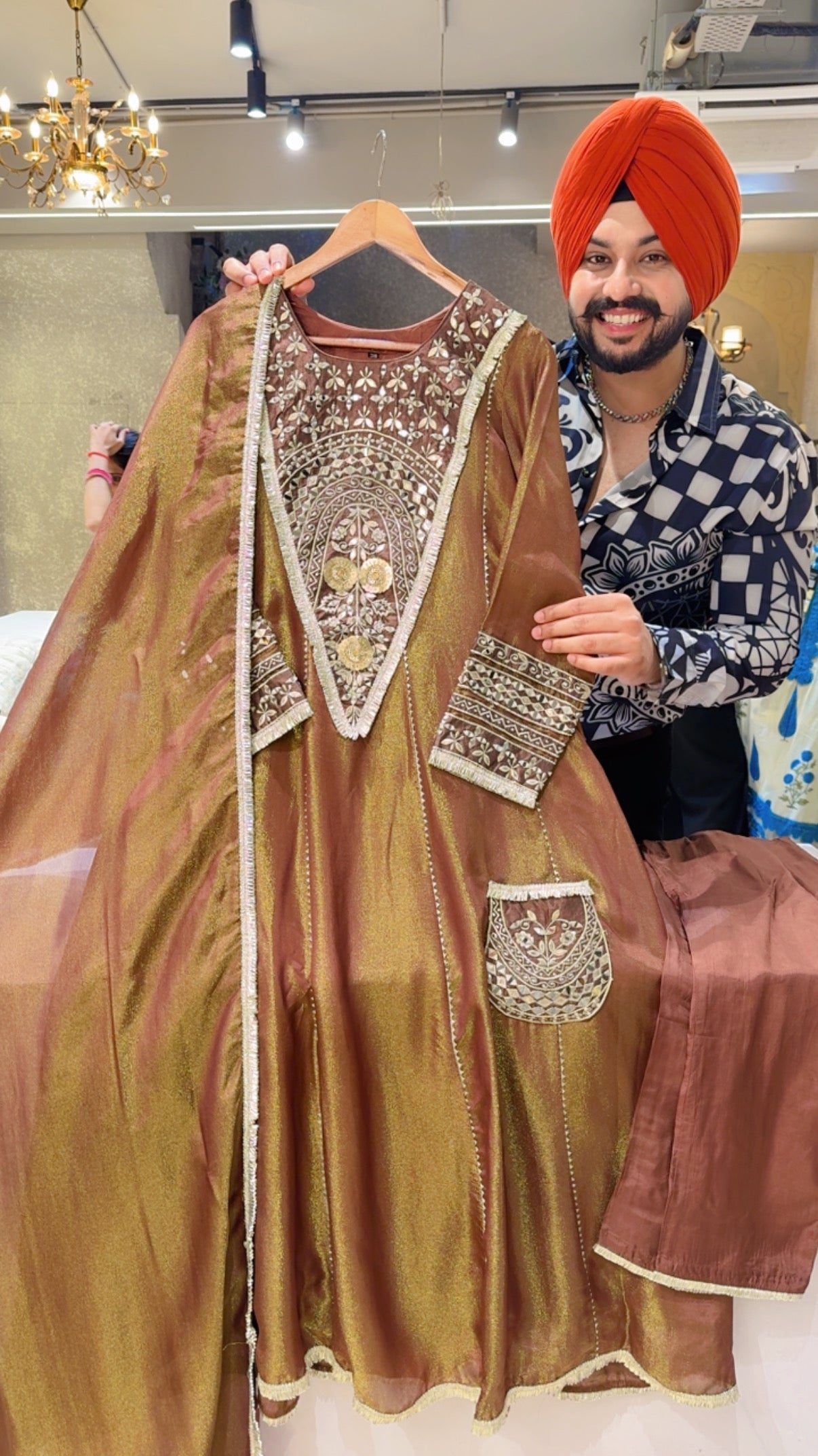 Chocolate Brown Shimmer Silk Party Wear Kashmiri Anarkali Suit with Heavy Embroidered Work on Neck & Side Pocket