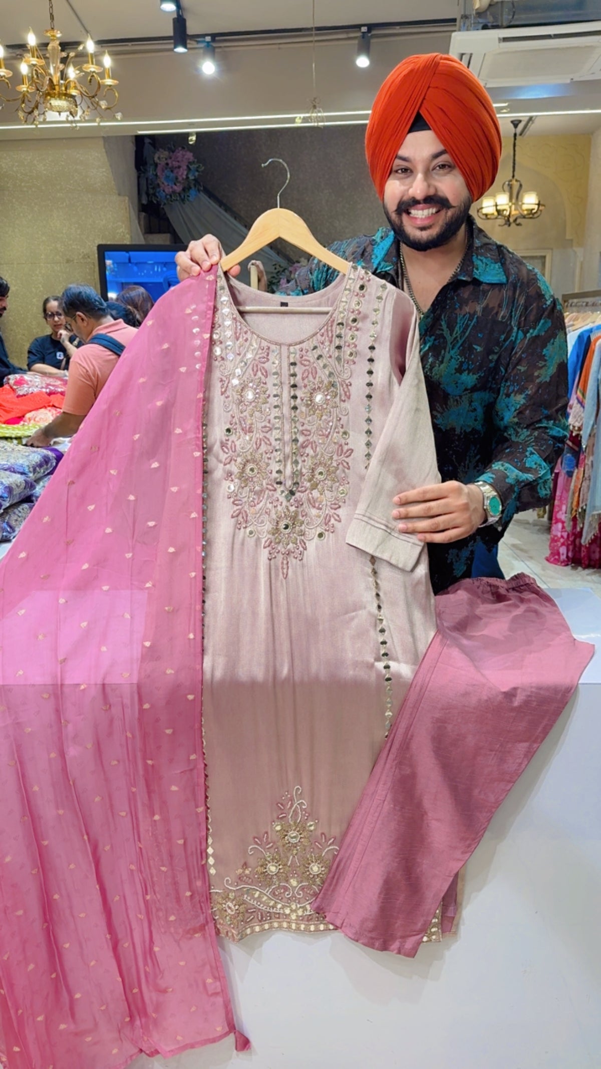 Pastel Onion Pink Hand & Pearl Work Party Wear Straight Suit