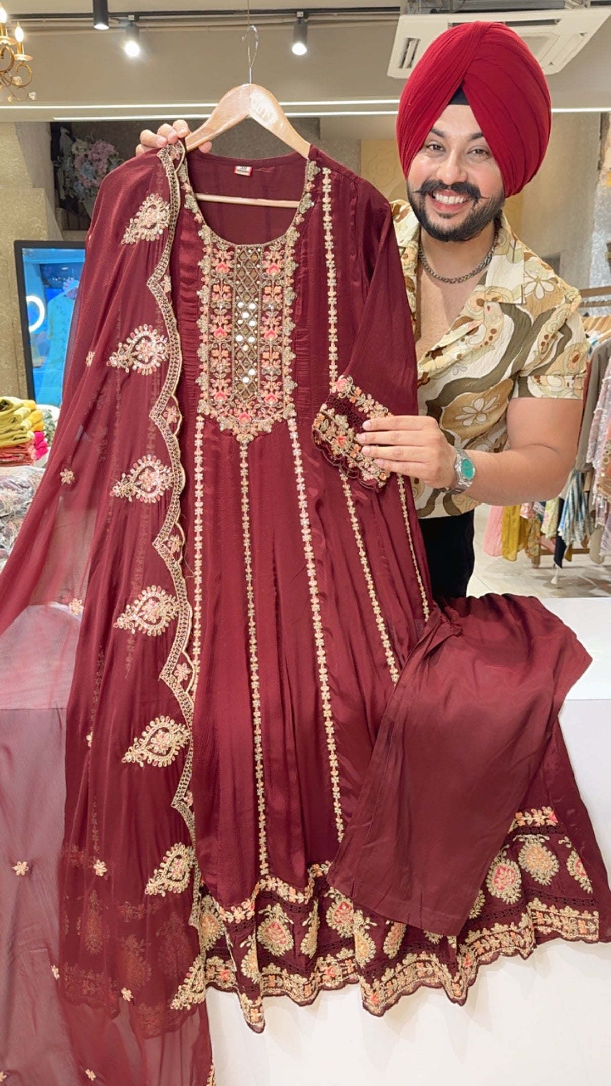 Maroon Chinon Full Flair Fully Embroidered Party Wear Anarkali suit