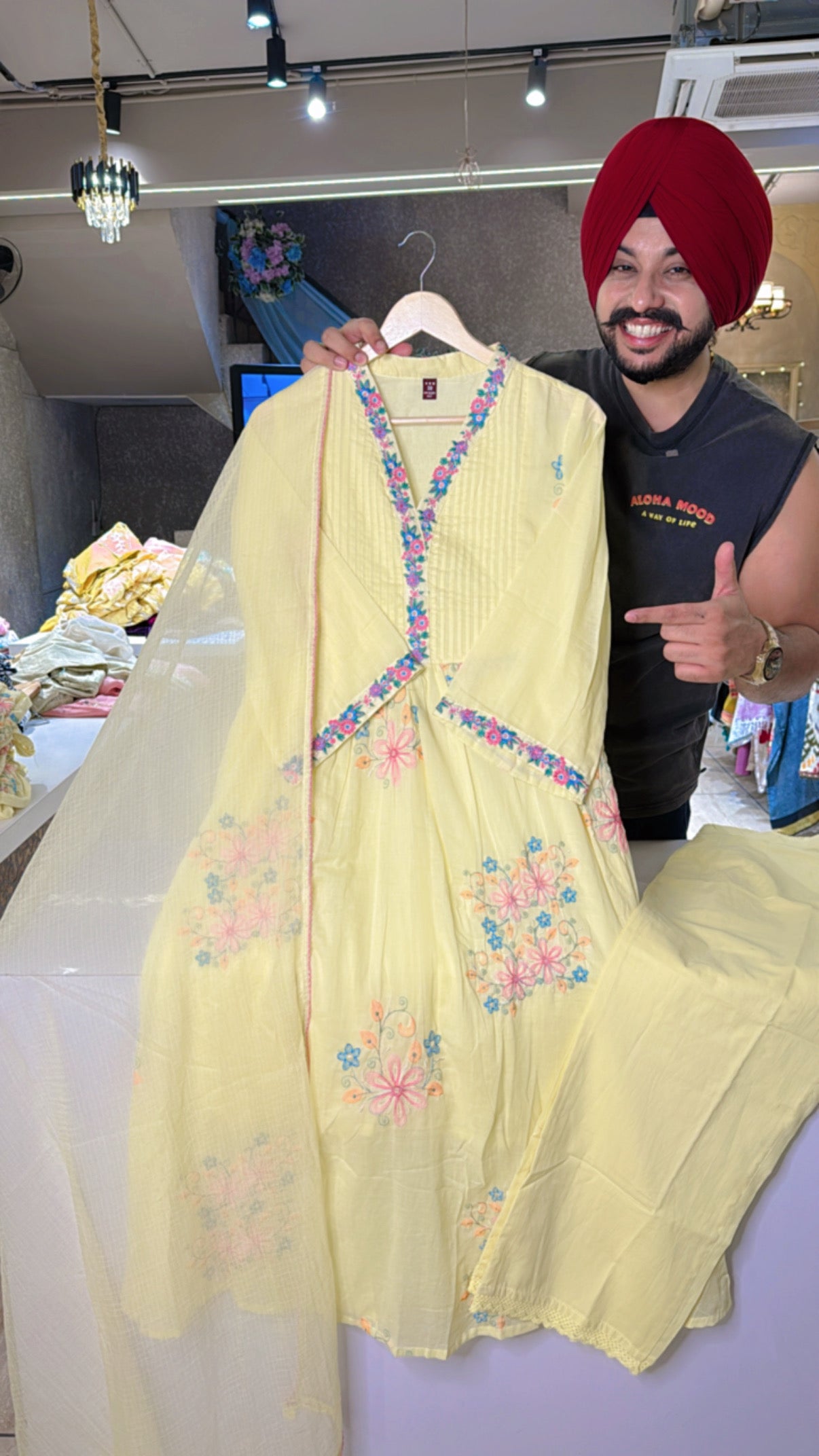 Lemon Yellow Mal Cotton A-line Embroidered Suit