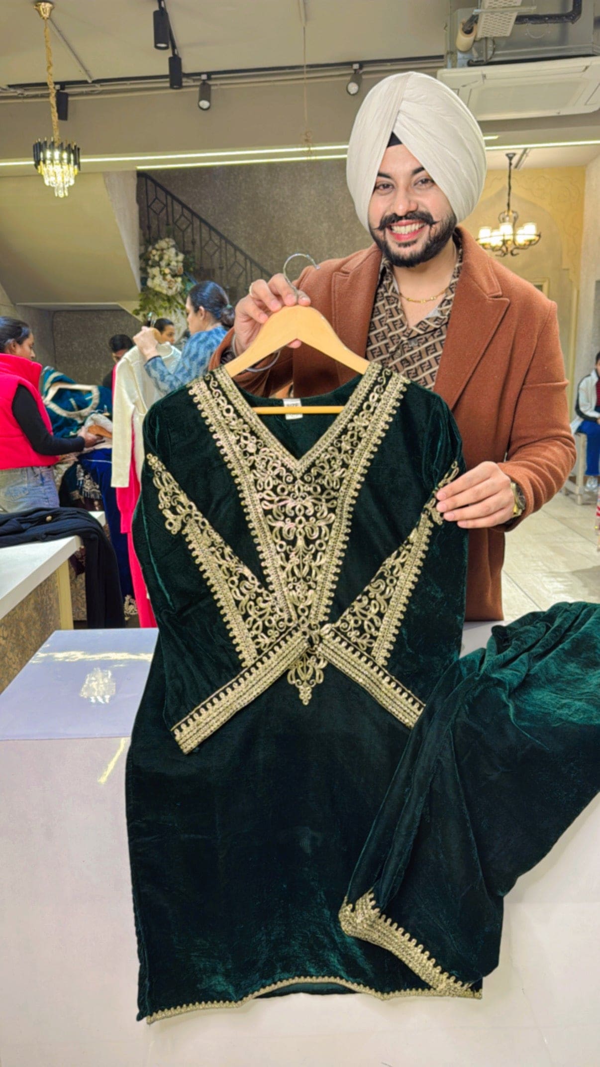 Green Premium Velvet Pakistani Coord set with Beautiful Embroidery work on neck & bell Sleeves