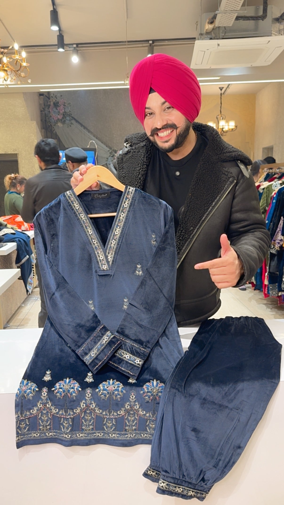 Navy Blue Strechable Velvet Hand embroidered Party Wear Coord set with Stylish Pathani Pants