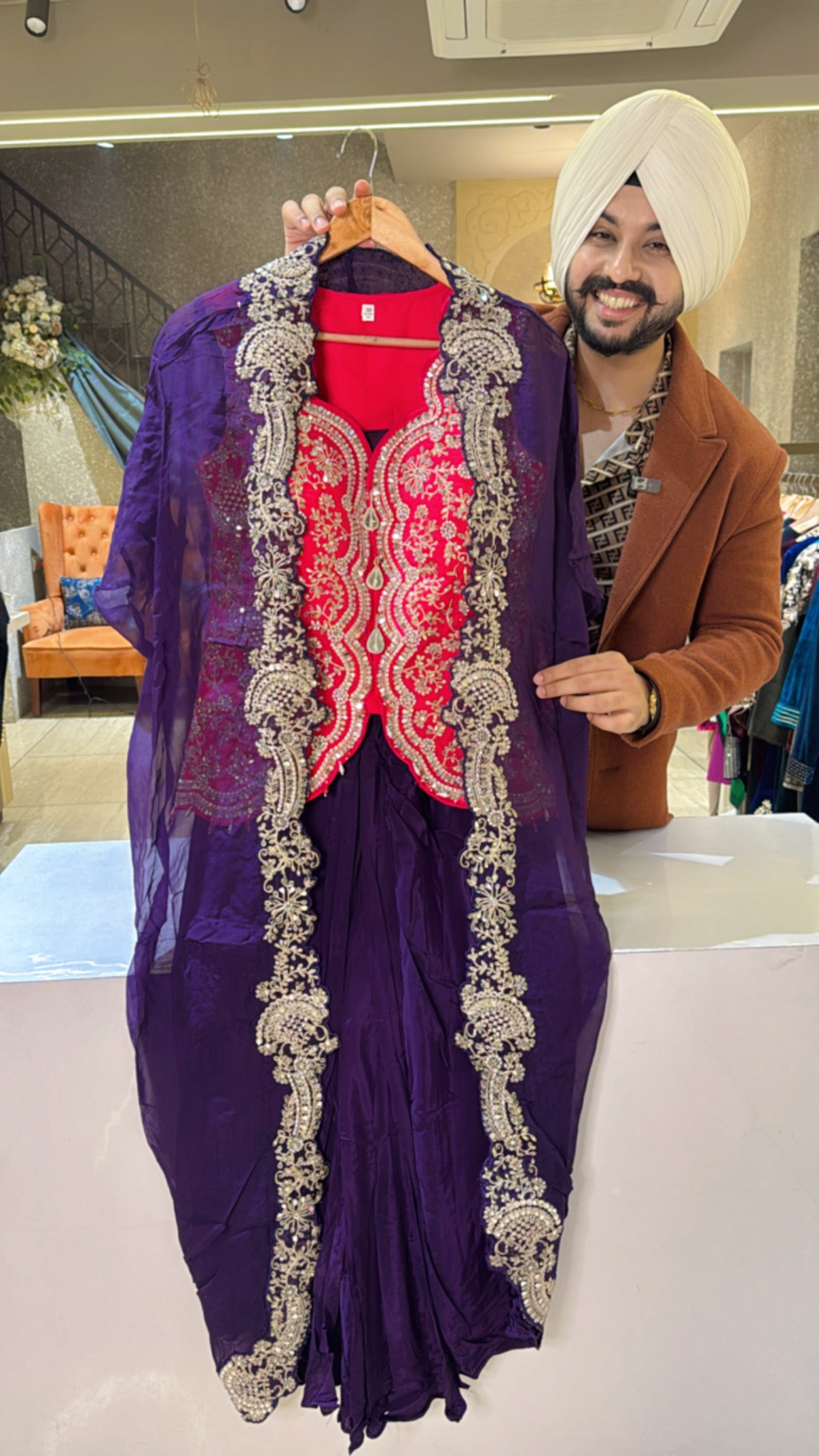 Hot Pink & Purple Heavy Embroidered Crop Drape Skirt Set with Stylish Shrug