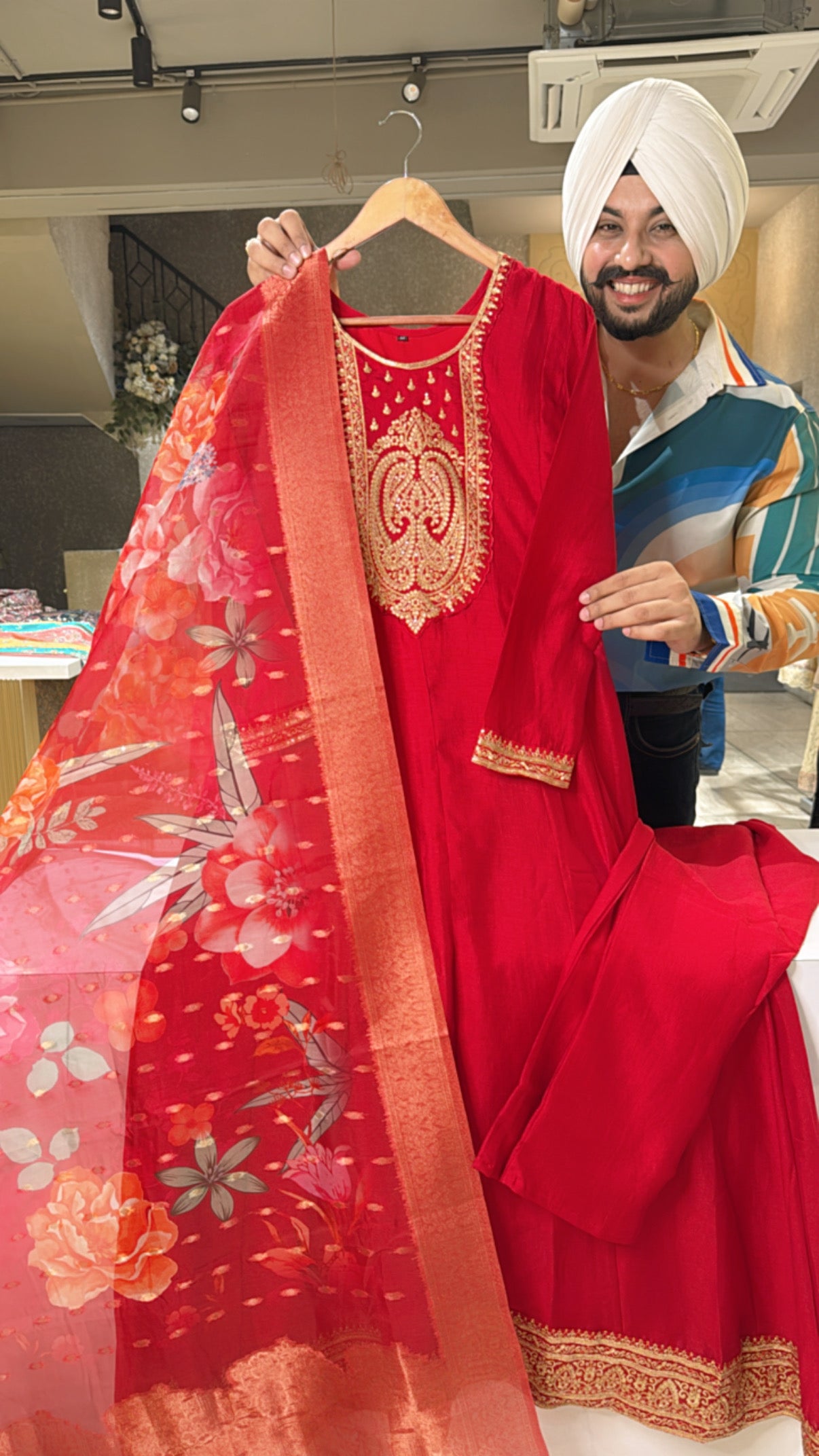 Vibrant Red Chinon Floor Length Anarkali Suit with Beautiful Organza Floral Duppata