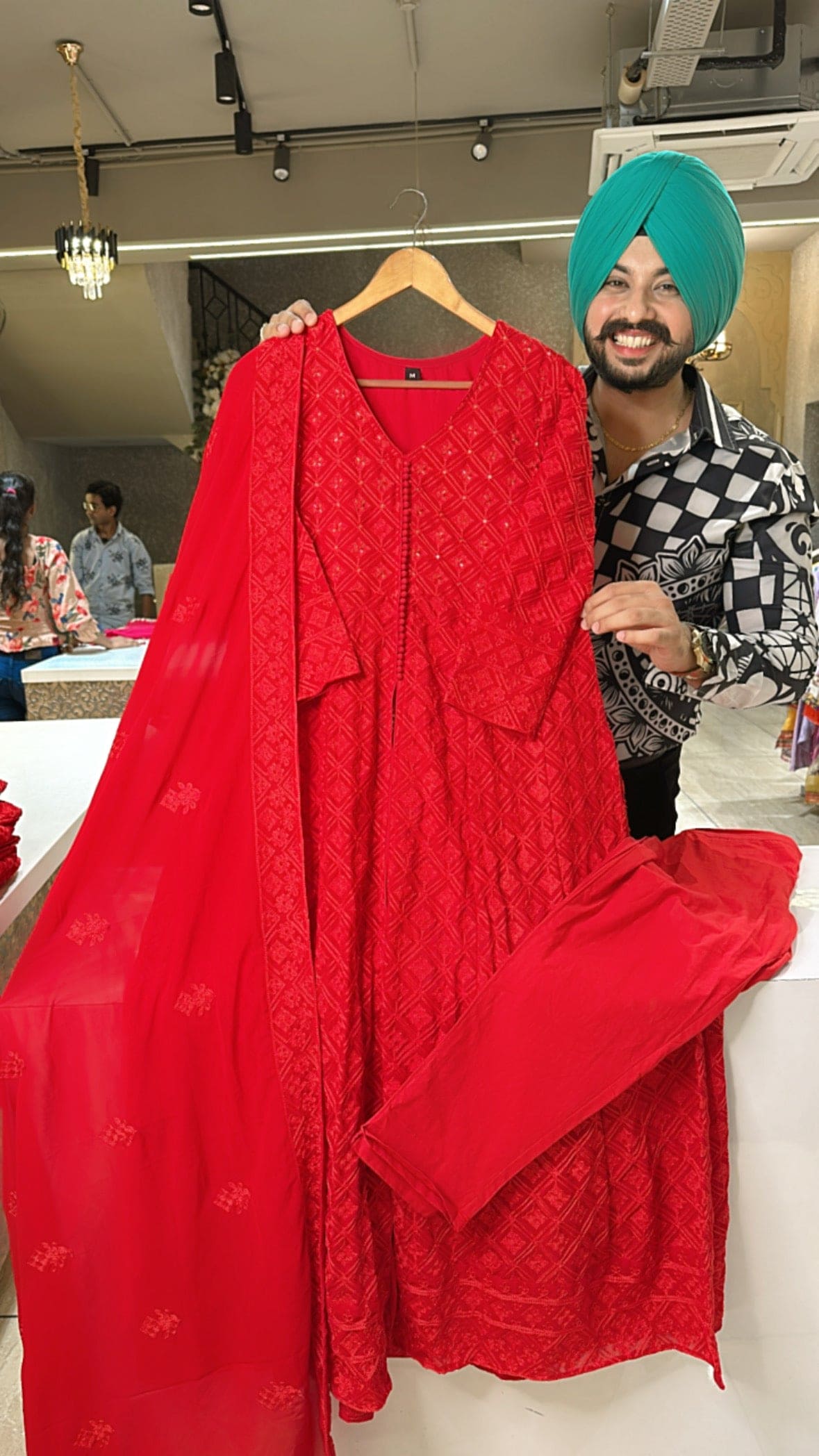 Vibrant Red Georgette Front & side Slit Fully embroidered Suit with Beautiful Duppata