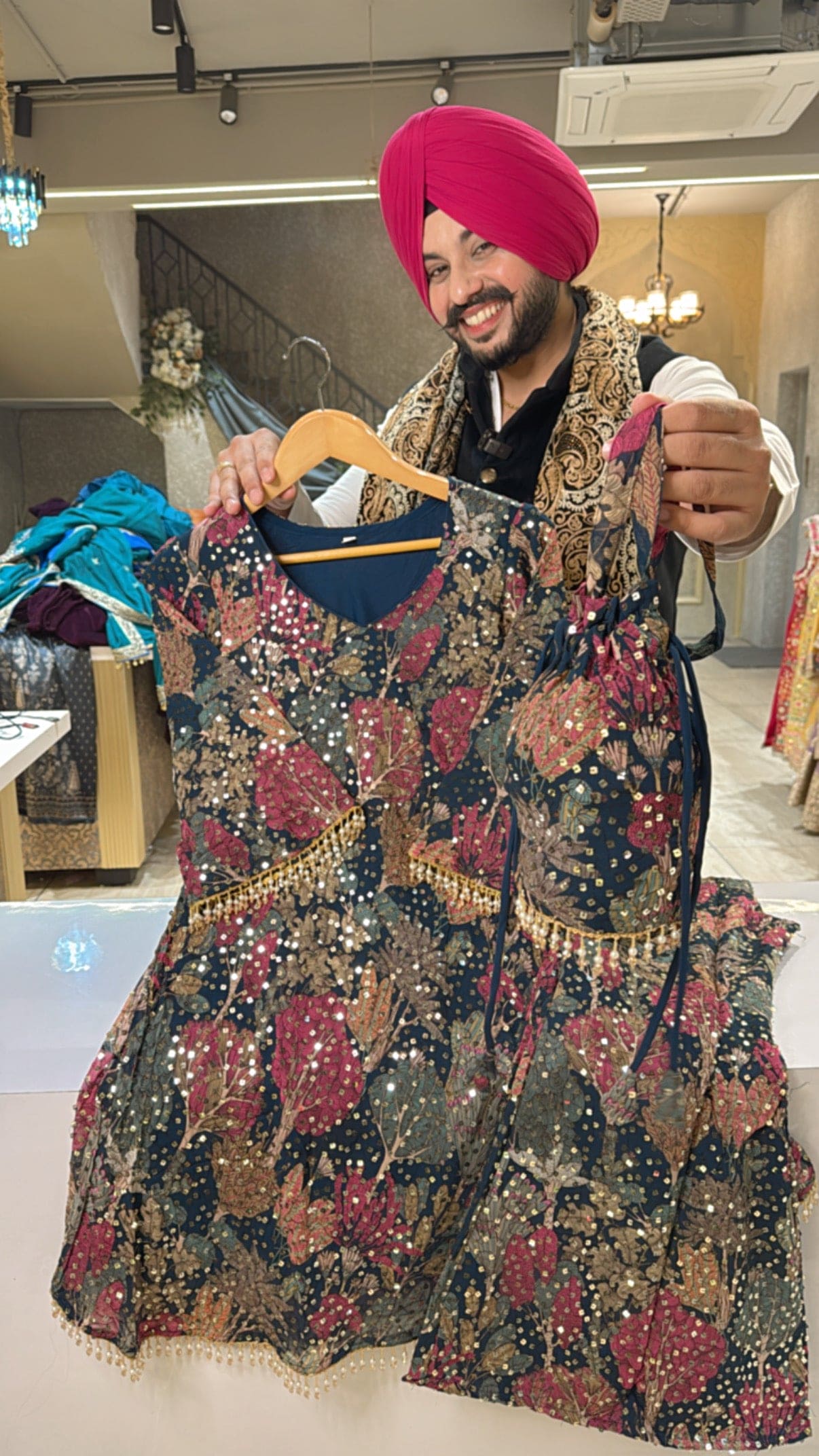 Blue & multicolored Georgette Fully Sequence Work Paplum BellBottom Coord set with Cute Potli