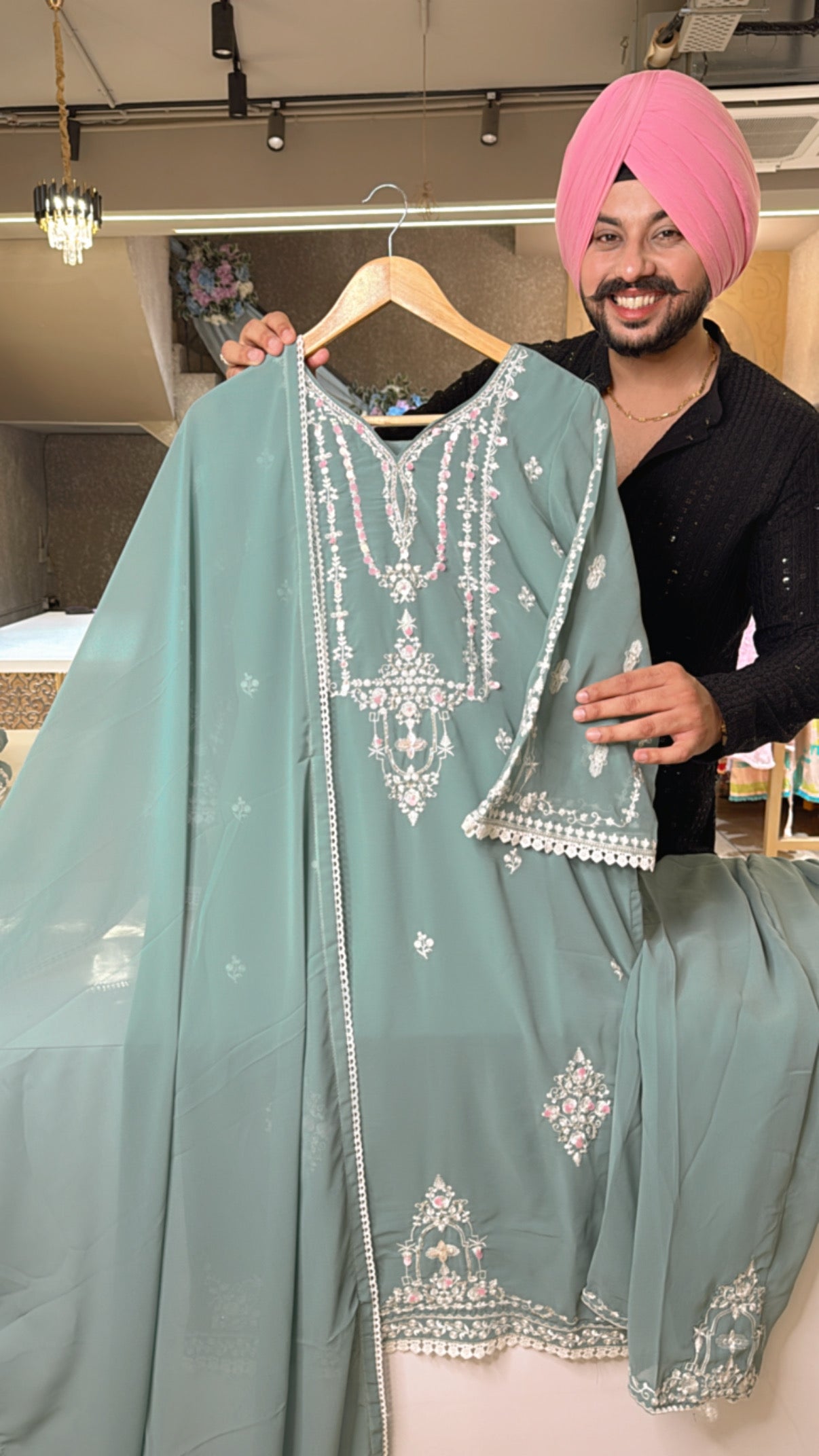 Sea Green Georgette Heavy embroidered Kashmiri Suit with Beautiful Bell Sleeves