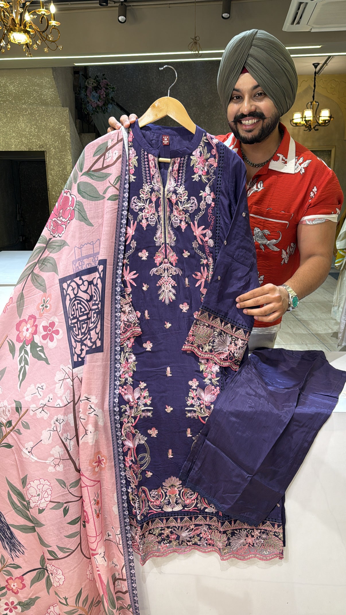 Purple premium Muslin Silk Heavy embroidered Kashmiri Suit with Mal Mal Duppata