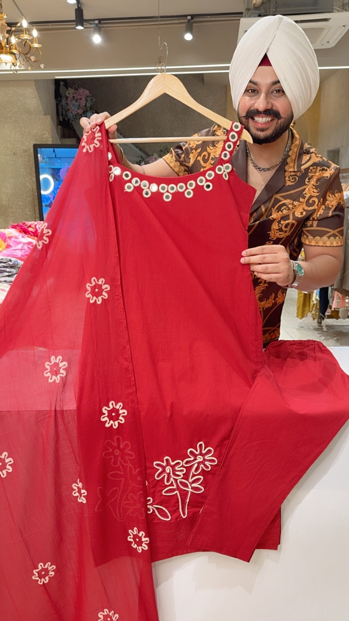 Reddish Maroon Cotton Strap sleeves Mirror & Embroidery Work Hand Painted Duppata Suit