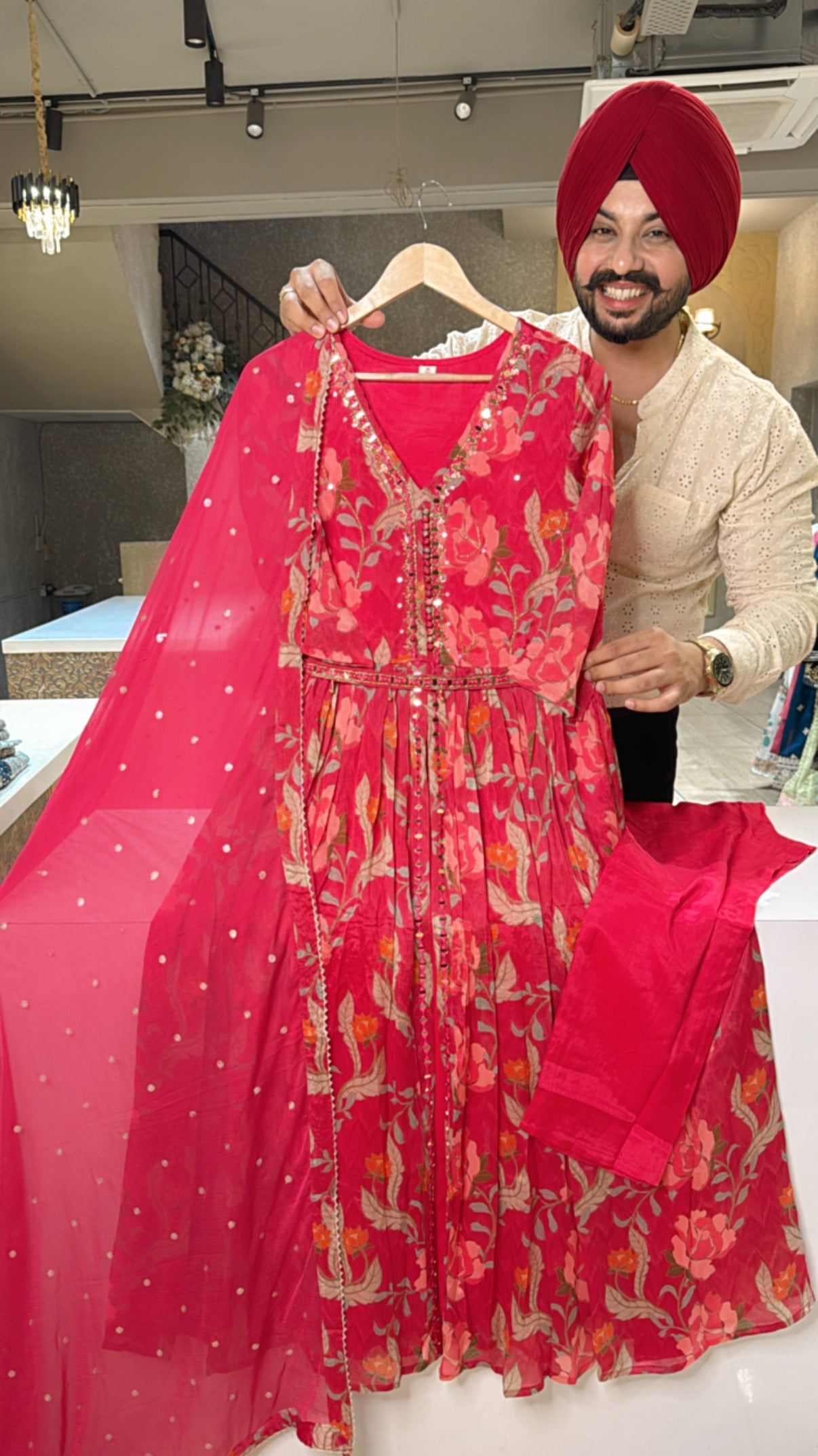 Rani pink Chinon Girlish Full Flair Front Slit Anarkali suit with Beautiful Mirror work on it