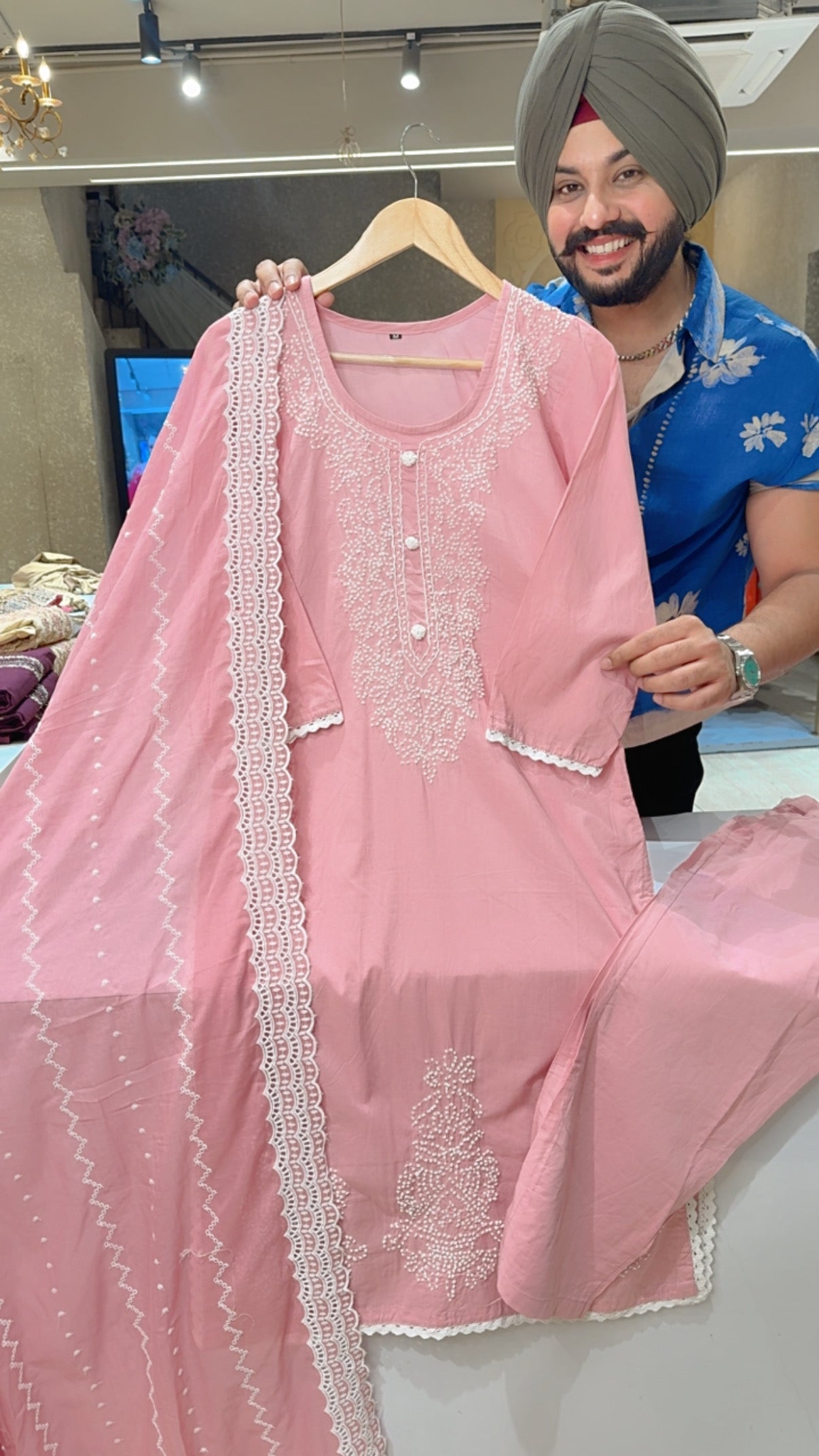 Pastel Pink Soft Cotton Lucknowi Style Embroidered Straight Suit with Fully Embroidered Duppata