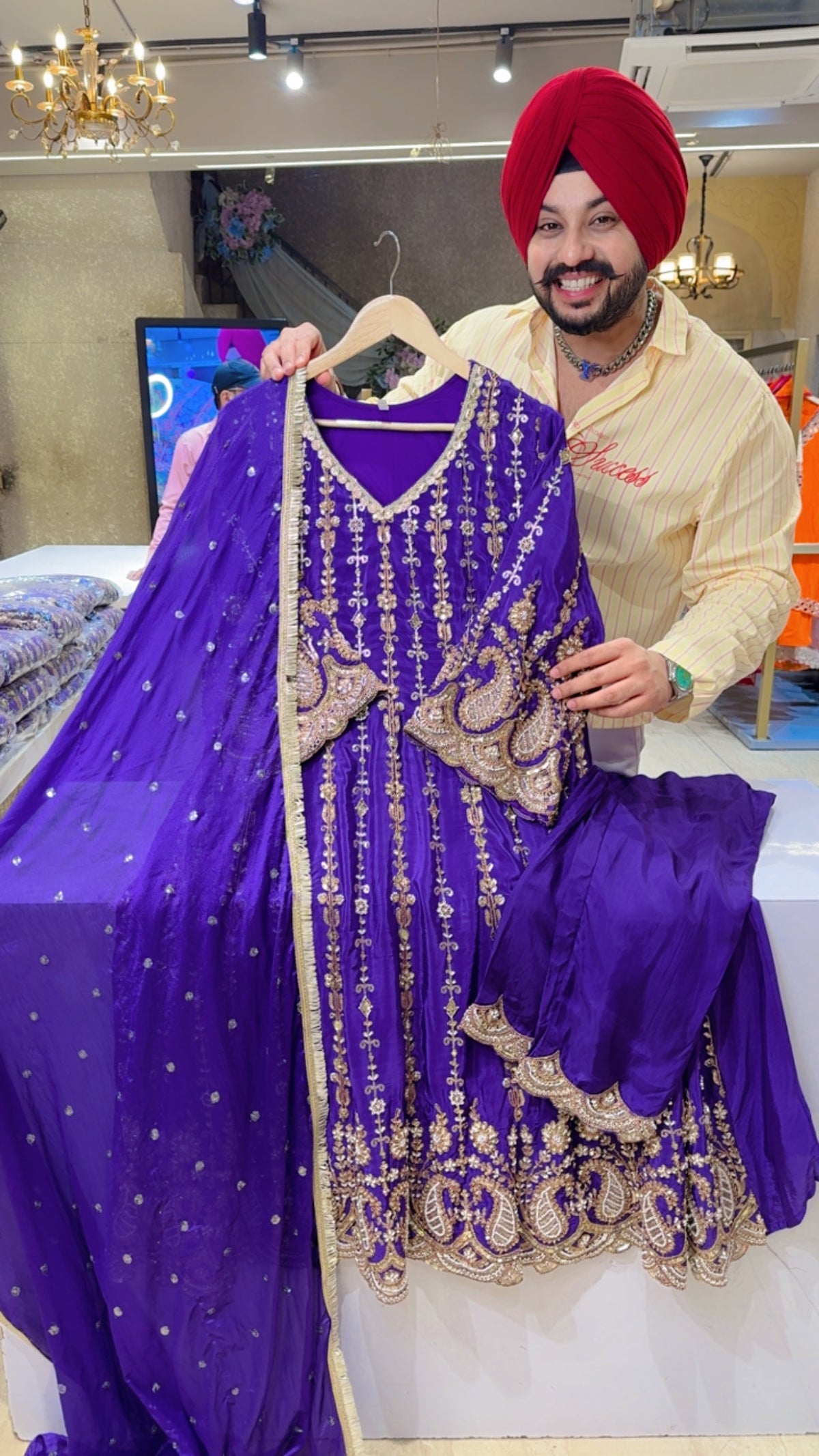 Purple Crepe Fully Hand Embroidered Anarkali Suit with Heavy Work on Sleeves & Border