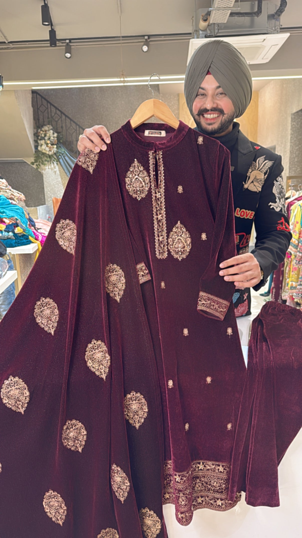 Maroon Premium Shimmer Velvet Fully Strechable Straight suit with Heavy embroidered Duppata