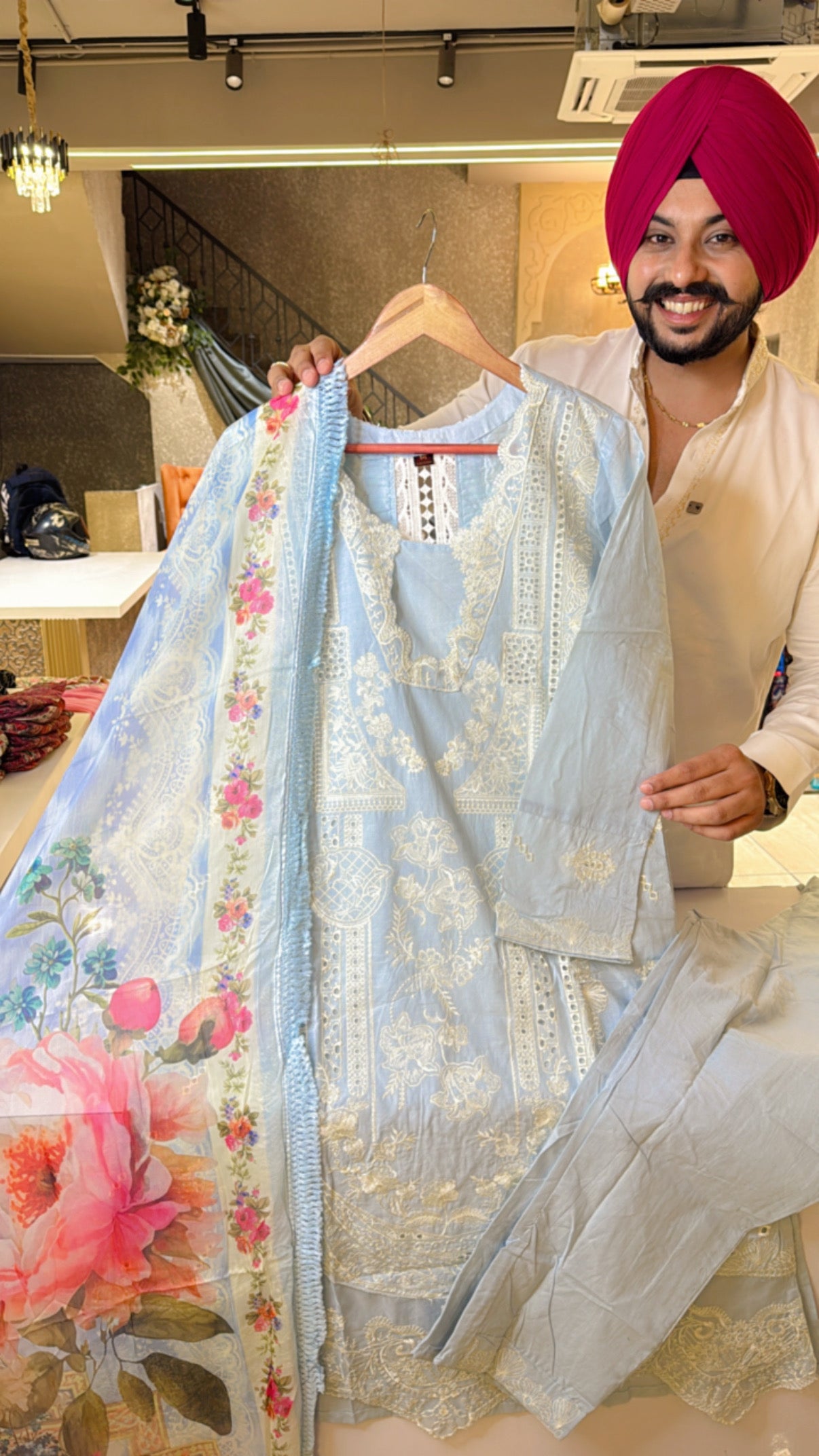 Sky Blue pure Cotton A-line Heavy Embroidered Pakistani Suit with Beautiful Digital Print Chiffon Duppata