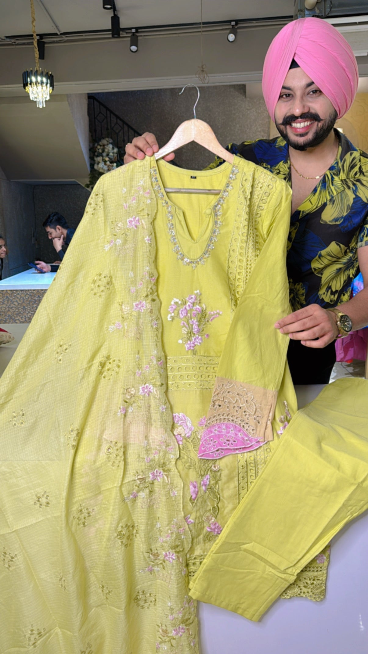 Mint Green Cotton Heavy Embroidered & Cut Work Kashmiri Suit with Beautiful Kota Duppata