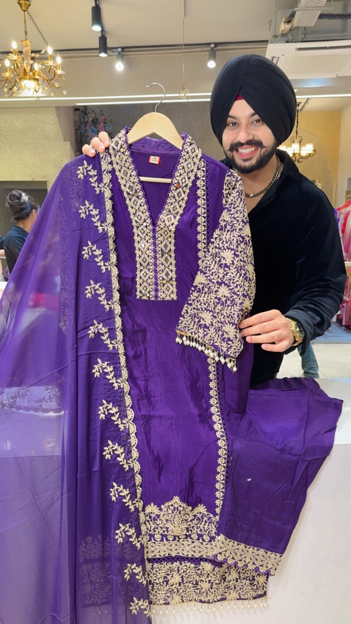 Dark Purple Chinon Heavy embroidered & Pearl Work Straight Suit with Beautiful Duppata