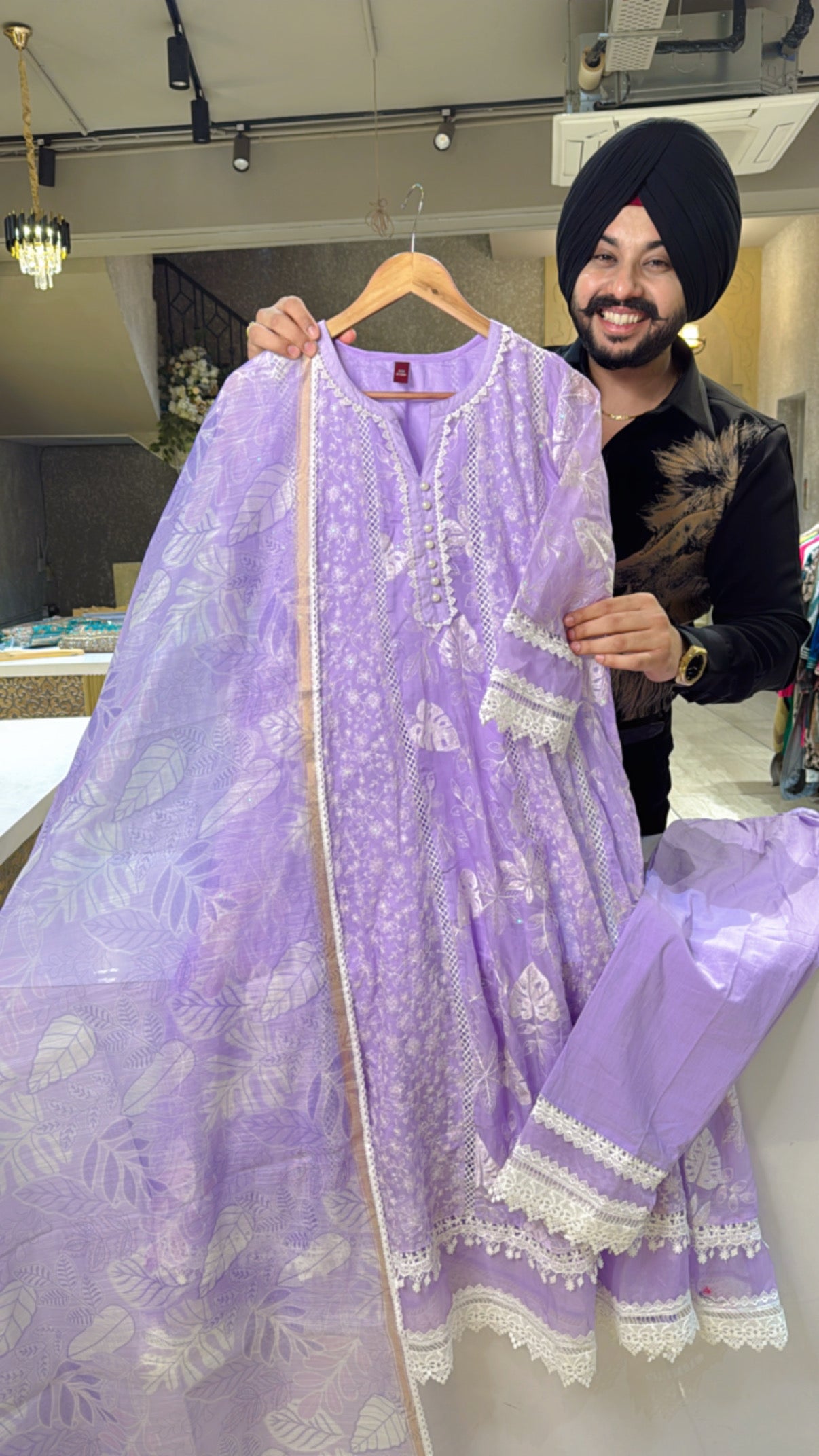 Lavender Soft Organza Fully embroidered Royal Anarkali suit with Digital Print Duppata