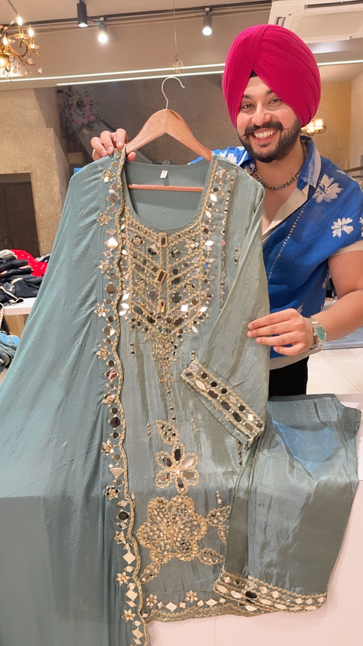 Sea blue shimmer silk Heavy Mirror Embroidery Work Party wear Straight suit with Mirror work Duppata