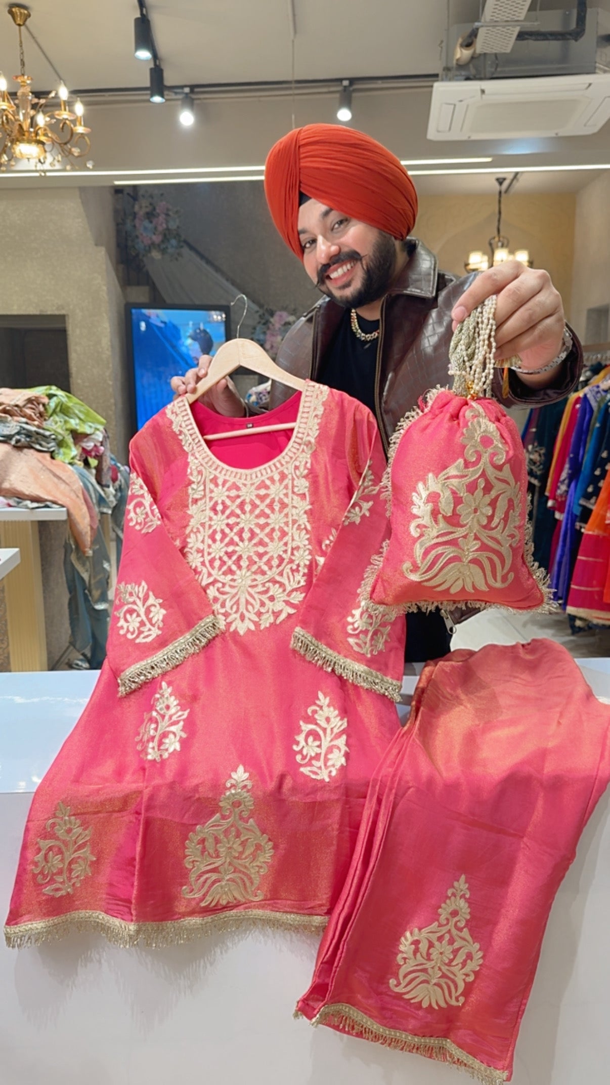 Hot Pink Shimmer Silk Gotta Embroidered kashmiri Coord set with Cute Potli